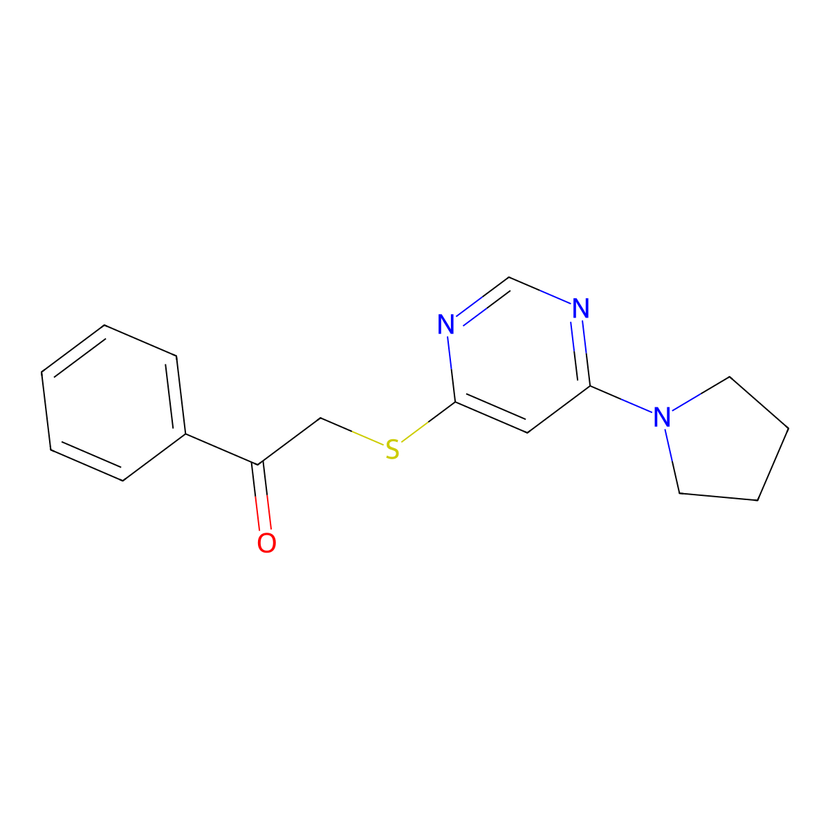 1-Phenyl-2-((6-(pyrrolidin-1-yl)pyrimidin-4-yl)thio)ethanone molecular structure, CAS 1171498-85-3