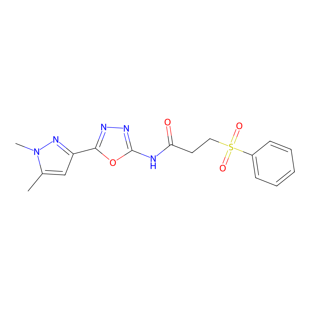 N-(5-(1,5-dimethyl-1H-pyrazol-3-yl)-1,3,4-oxadiazol-2-yl)-3-(phenylsulfonyl)propanamide molecular structure, CAS 1171498-90-0