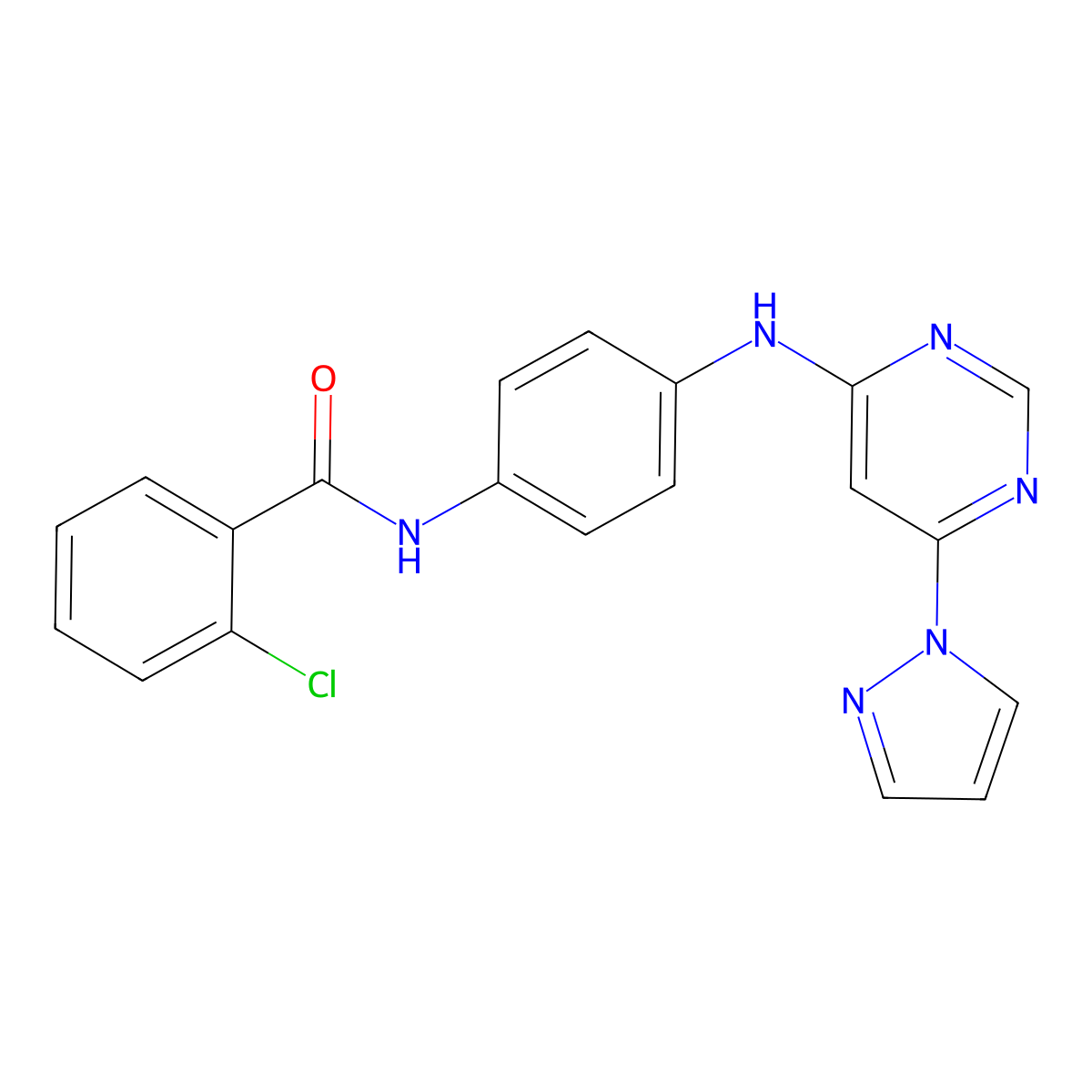 N-(4-((6-(1H-pyrazol-1-yl)pyrimidin-4-yl)amino)phenyl)-2-chlorobenzamide molecular structure, CAS 1171503-29-9