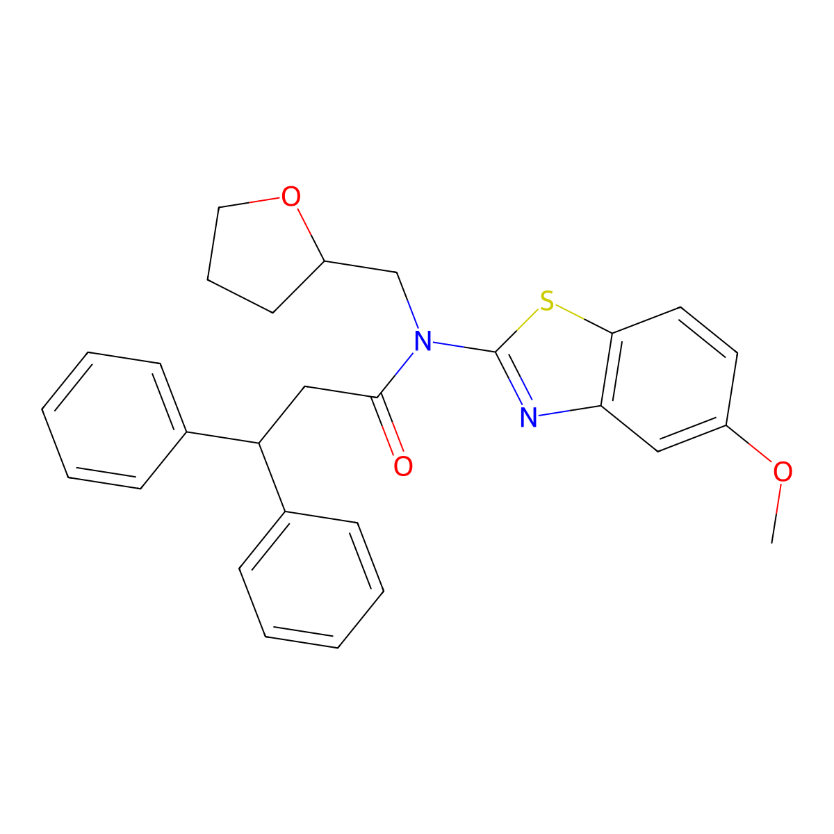 N-(5-methoxybenzo[d]thiazol-2-yl)-3,3-diphenyl-N-((tetrahydrofuran-2-yl)methyl)propanamide molecular structure, CAS 1171503-79-9