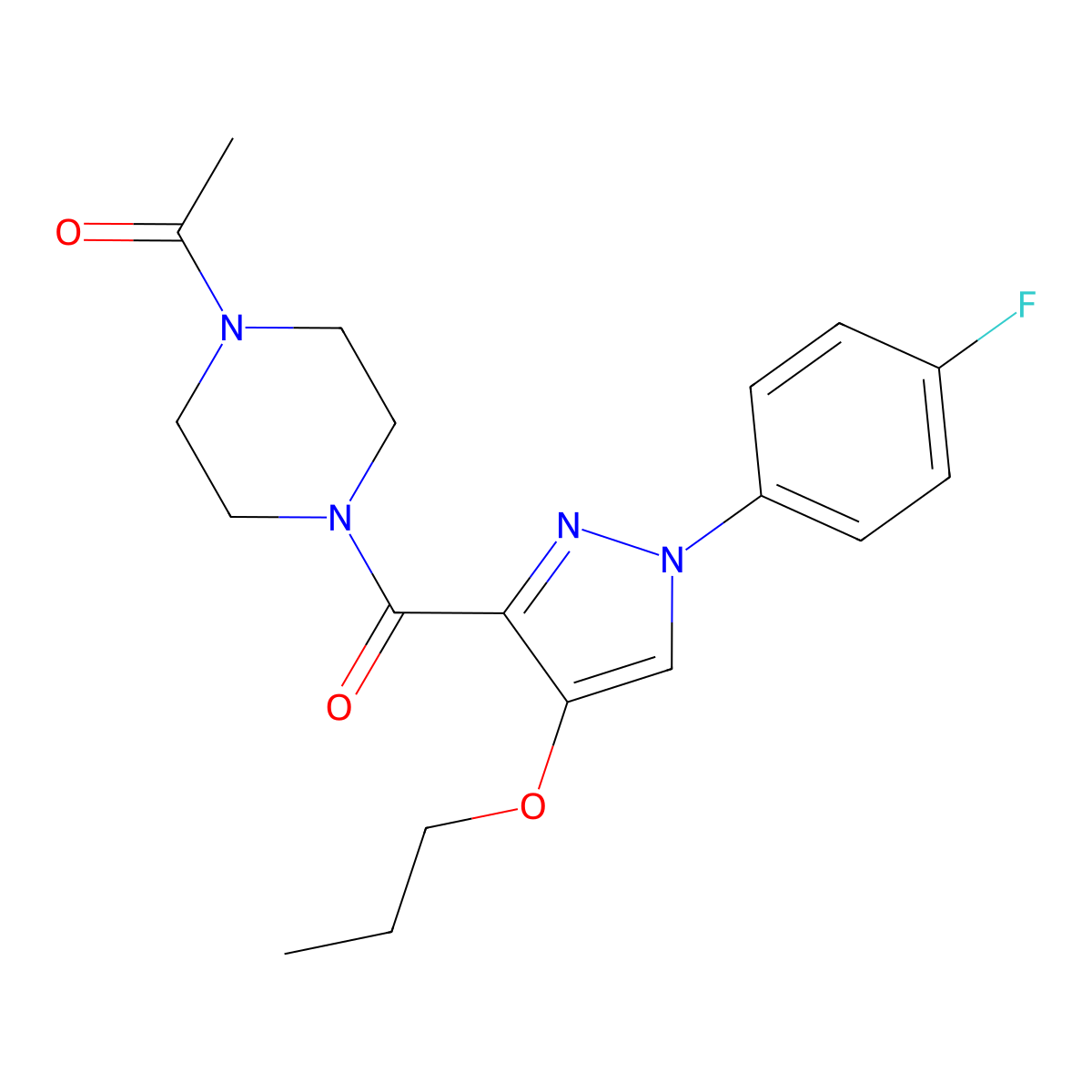 1-(4-(1-(4-fluorophenyl)-4-propoxy-1H-pyrazole-3-carbonyl)piperazin-1-yl)ethanone molecular structure, CAS 1171504-53-2