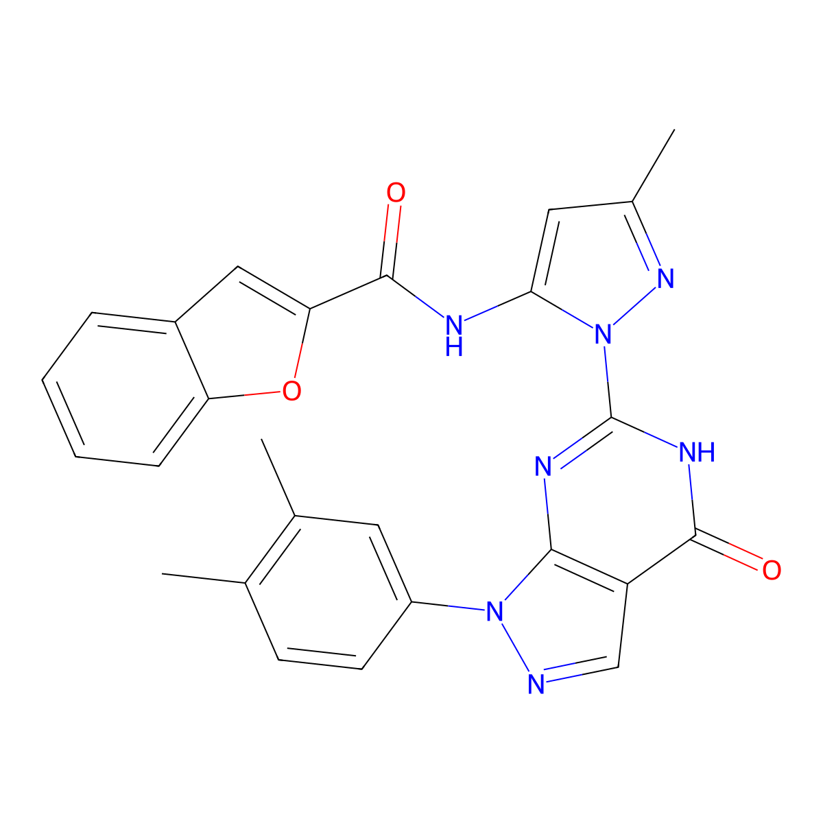 N-(1-(1-(3,4-dimethylphenyl)-4-oxo-4,5-dihydro-1H-pyrazolo[3,4-d]pyrimidin-6-yl)-3-methyl-1H-pyrazol-5-yl)benzofuran-2-carboxamide molecular structure, CAS 1171504-87-2