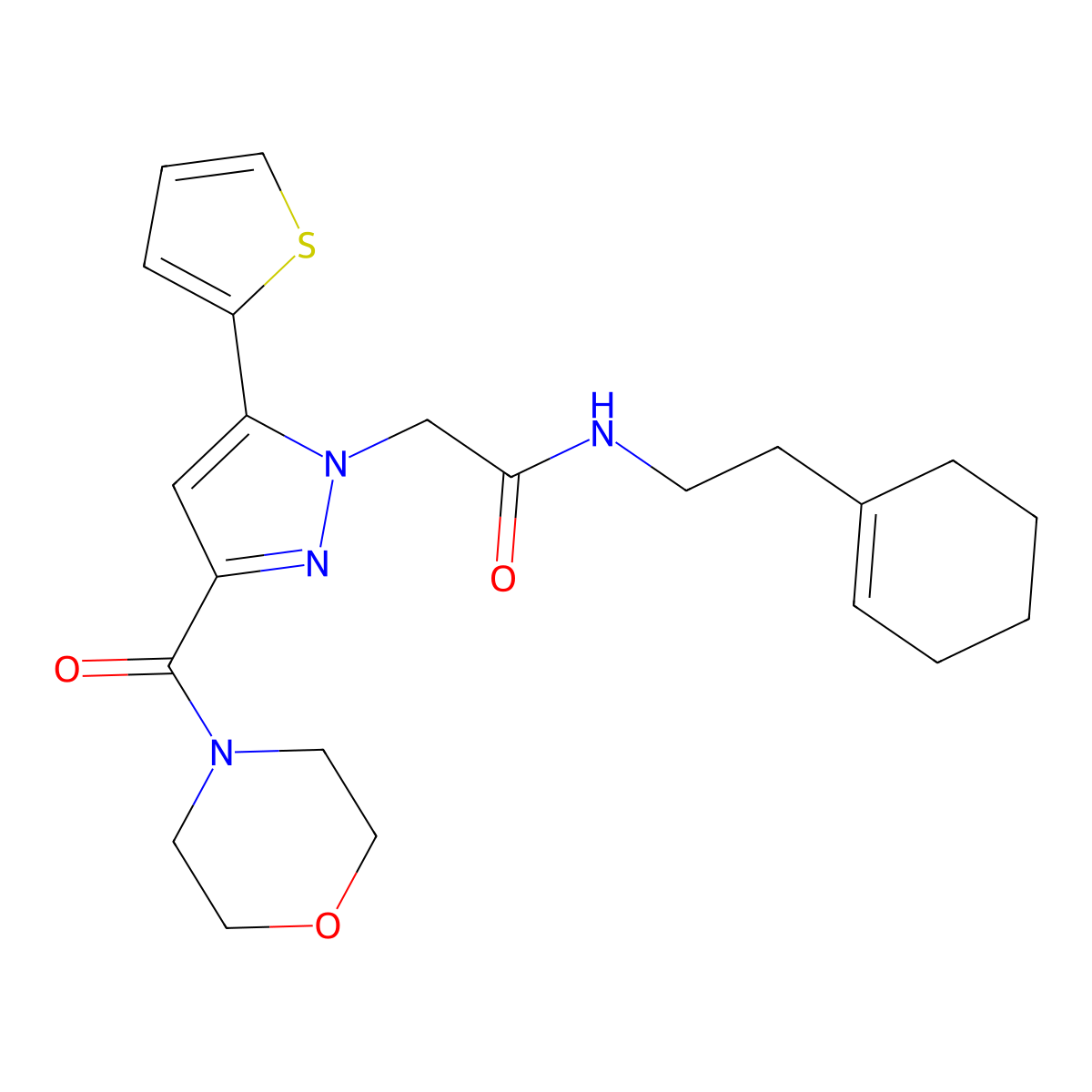 N-(2-(cyclohex-1-en-1-yl)ethyl)-2-(3-(morpholine-4-carbonyl)-5-(thiophen-2-yl)-1H-pyrazol-1-yl)acetamide molecular structure, CAS 1171508-23-8