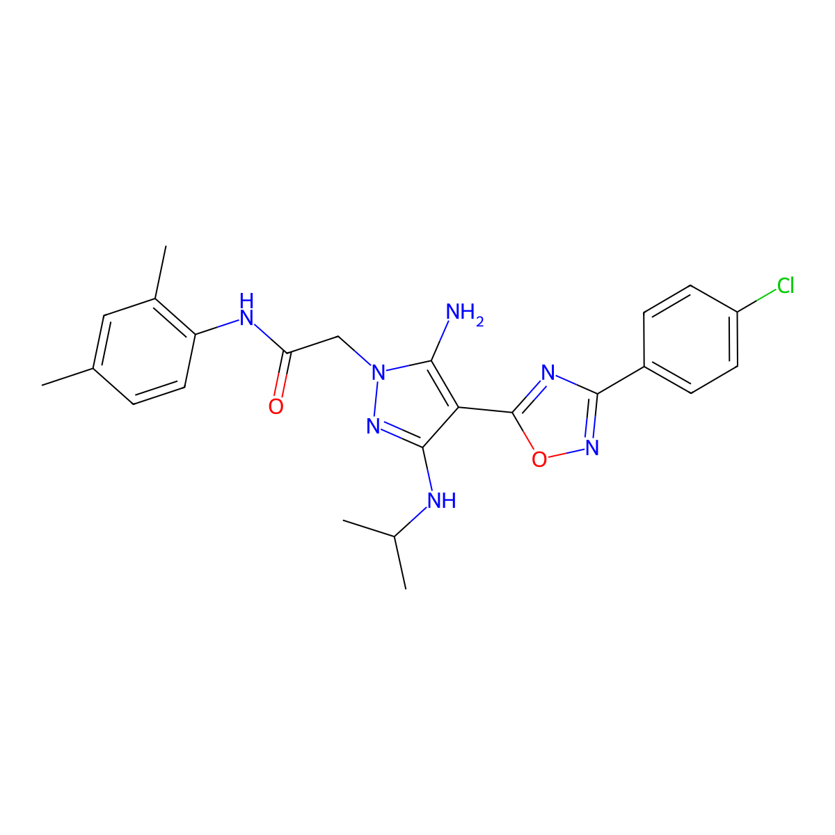 2-(5-amino-4-(3-(4-chlorophenyl)-1,2,4-oxadiazol-5-yl)-3-(isopropylamino)-1H-pyrazol-1-yl)-N-(2,4-dimethylphenyl)acetamide molecular structure, CAS 1171508-62-5