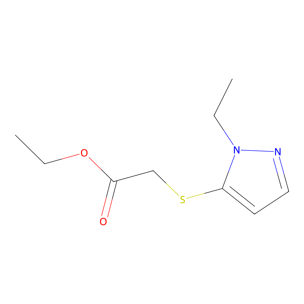 Ethyl 2-((1-ethyl-1H-pyrazol-5-yl)thio)acetate molecular structure, CAS 1171509-14-0