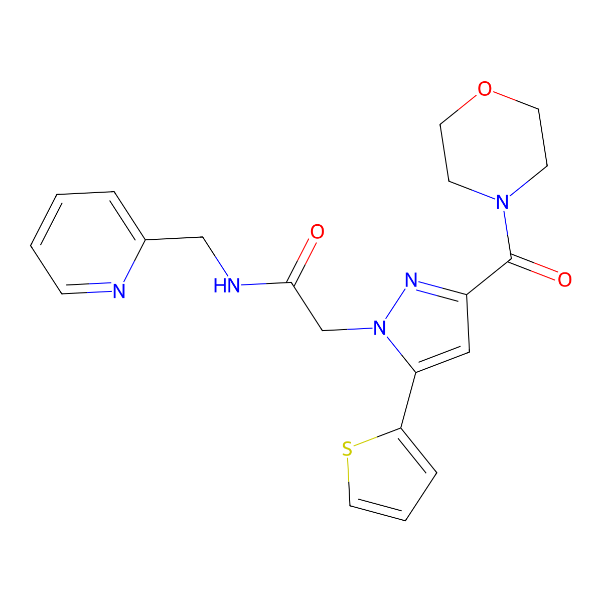 2-(3-(morpholine-4-carbonyl)-5-(thiophen-2-yl)-1H-pyrazol-1-yl)-N-(pyridin-2-ylmethyl)acetamide molecular structure, CAS 1171512-86-9