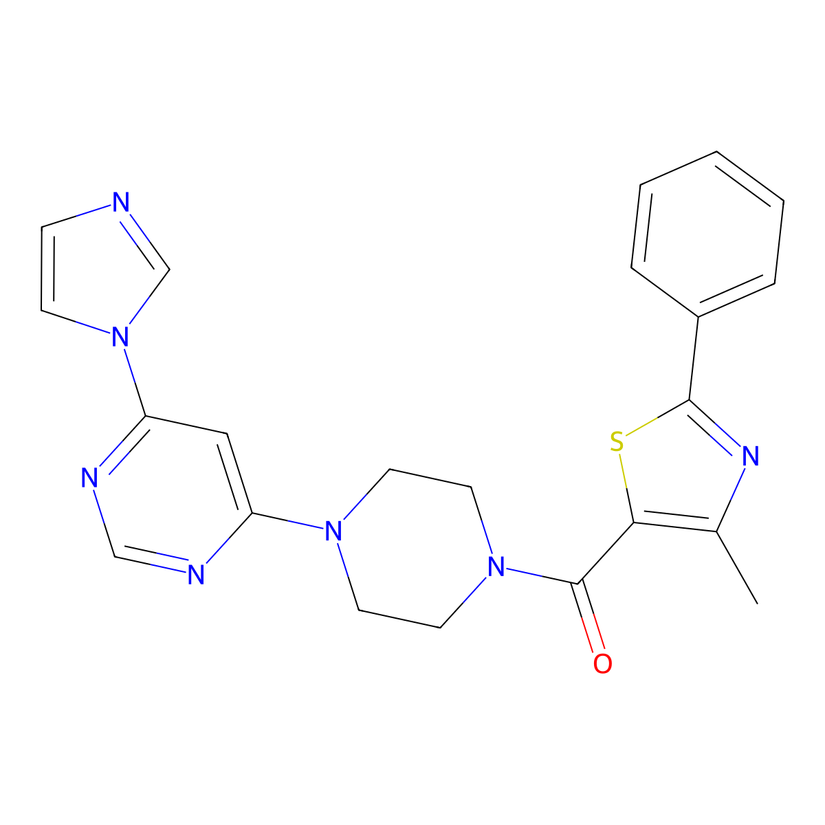 (4-(6-(1H-imidazol-1-yl)pyrimidin-4-yl)piperazin-1-yl)(4-methyl-2-phenylthiazol-5-yl)methanone molecular structure, CAS 1171514-07-0