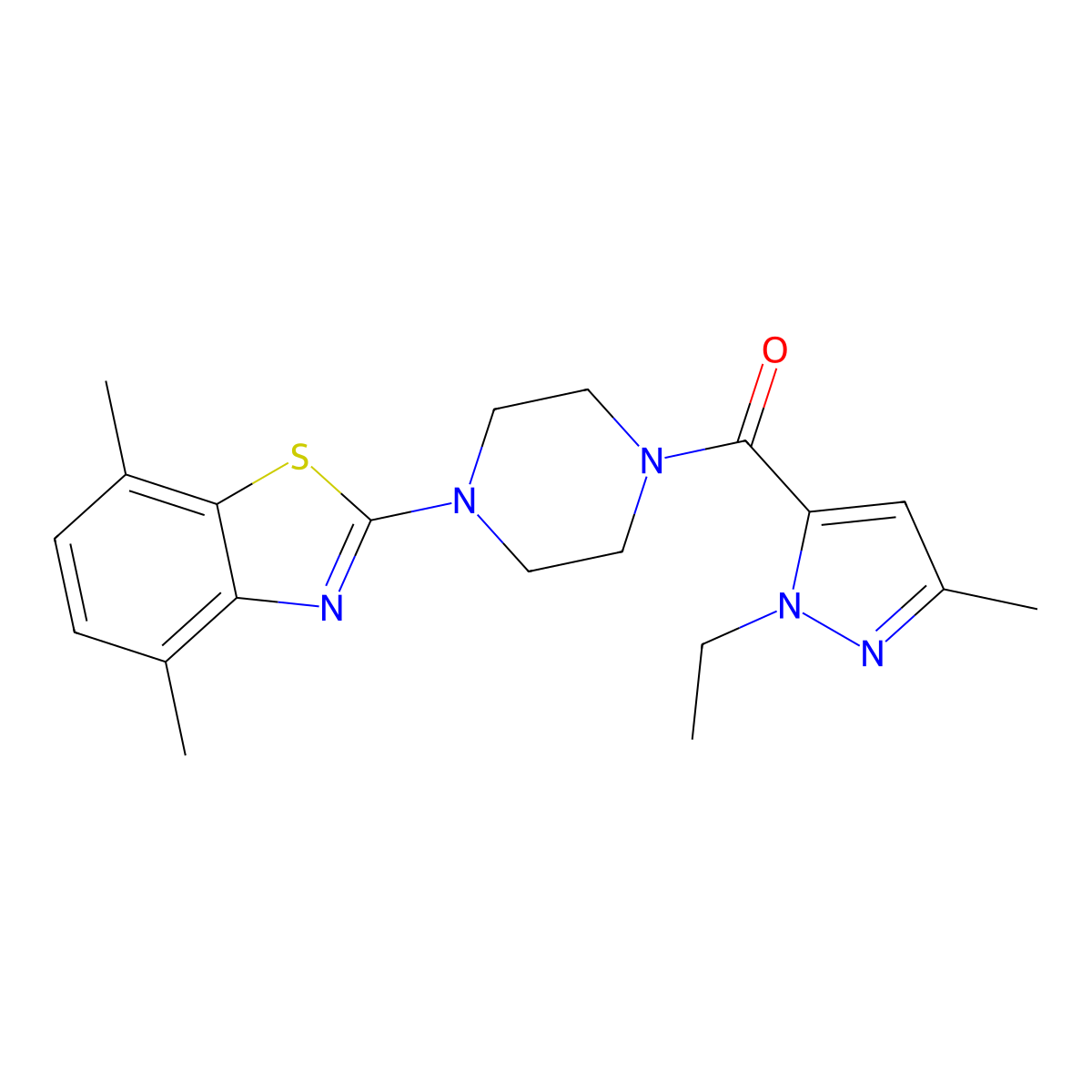 2-[4-(1-ethyl-3-methyl-1H-pyrazole-5-carbonyl)piperazin-1-yl]-4,7-dimethyl-1,3-benzothiazole molecular structure, CAS 1171514-23-0