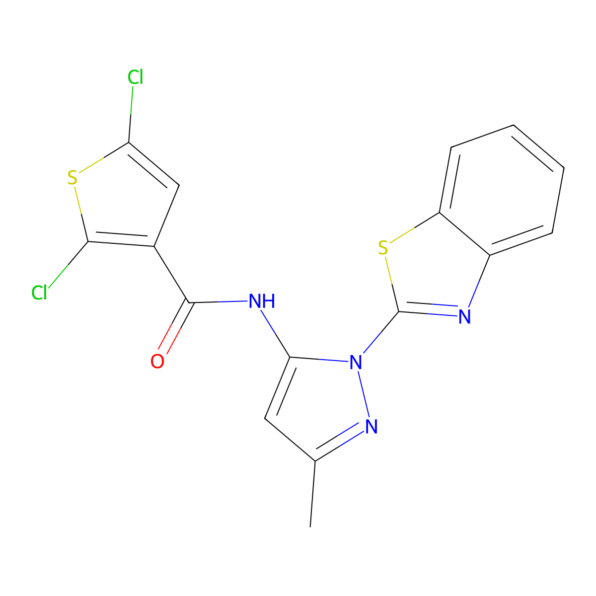 N-(1-(benzo[d]thiazol-2-yl)-3-methyl-1H-pyrazol-5-yl)-2,5-dichlorothiophene-3-carboxamide molecular structure, CAS 1171514-43-4