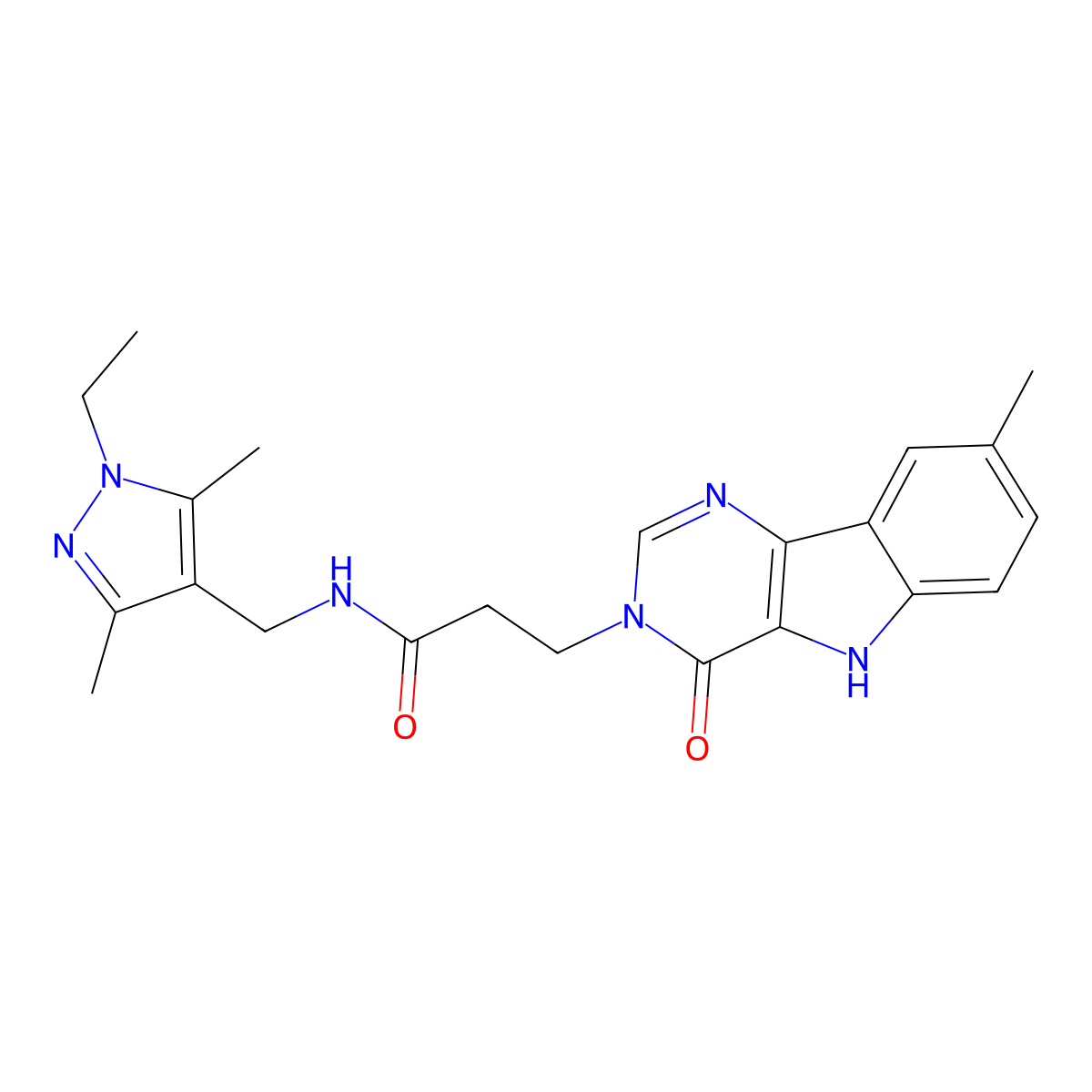 N-((1-ethyl-3,5-dimethyl-1H-pyrazol-4-yl)methyl)-3-(8-methyl-4-oxo-4,5-dihydro-3H-pyrimido[5,4-b]indol-3-yl)propanamide molecular structure, CAS 1171515-47-1