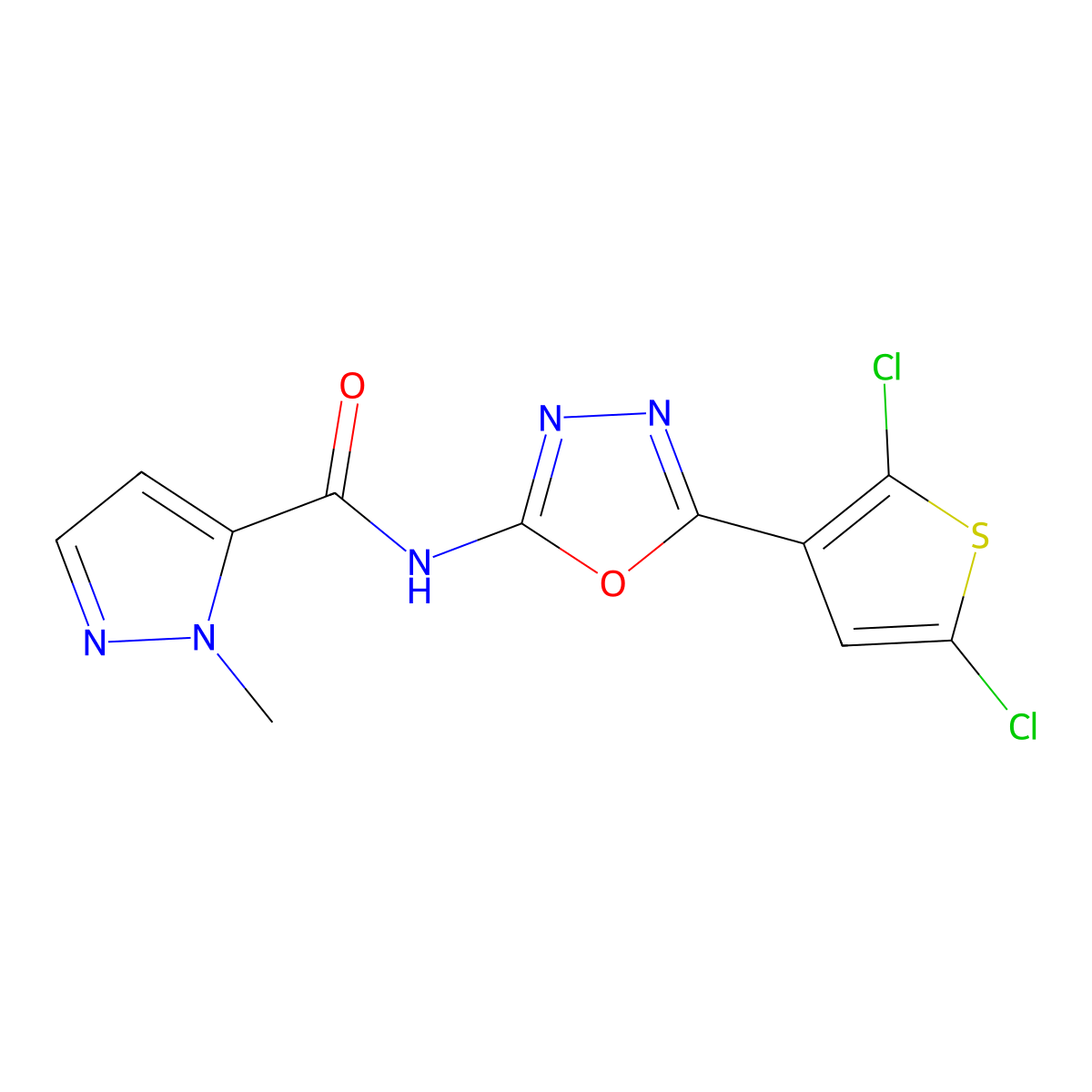 N-(5-(2,5-dichlorothiophen-3-yl)-1,3,4-oxadiazol-2-yl)-1-methyl-1H-pyrazole-5-carboxamide molecular structure, CAS 1171516-51-0