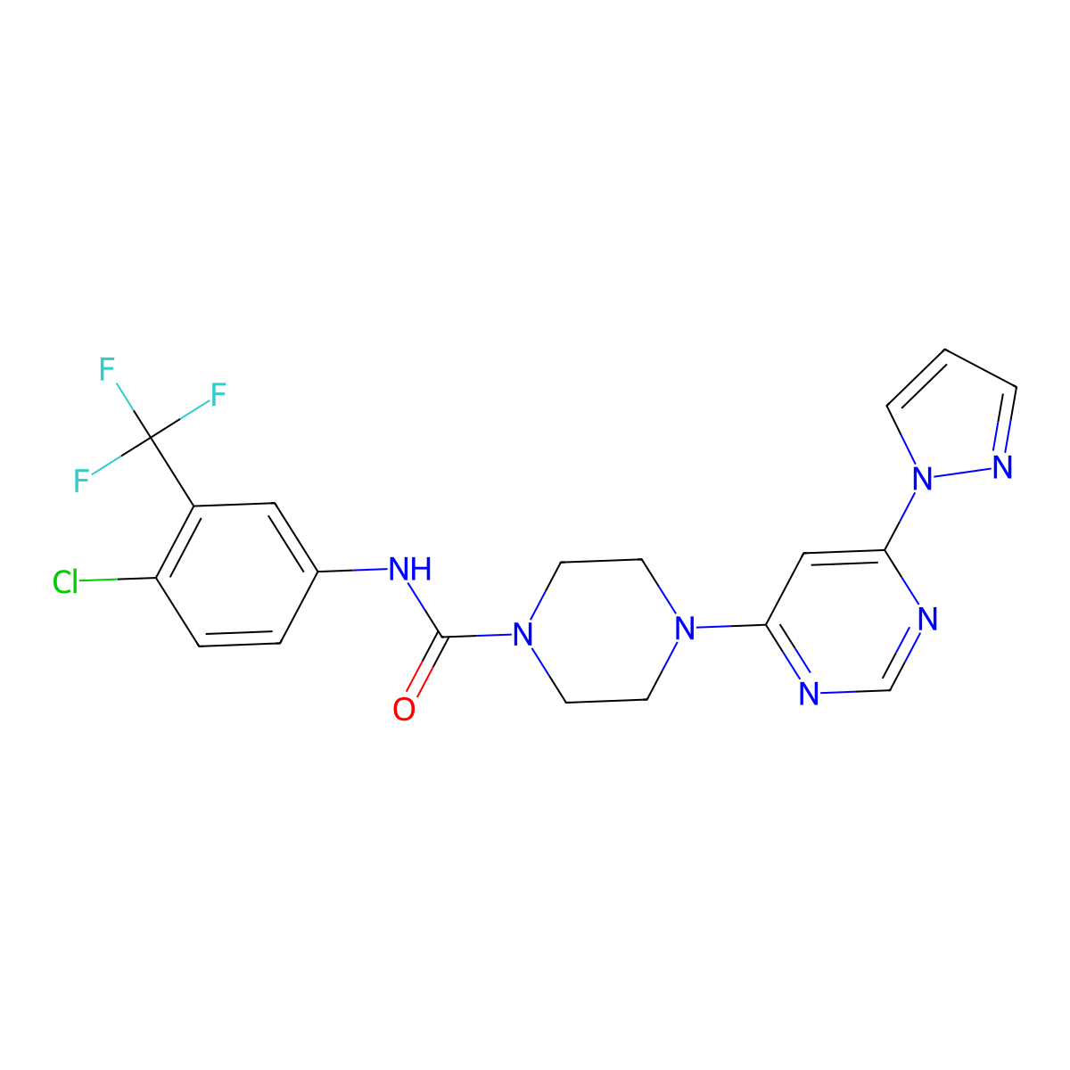 4-(6-(1H-pyrazol-1-yl)pyrimidin-4-yl)-N-(4-chloro-3-(trifluoromethyl)phenyl)piperazine-1-carboxamide molecular structure, CAS 1171516-76-9