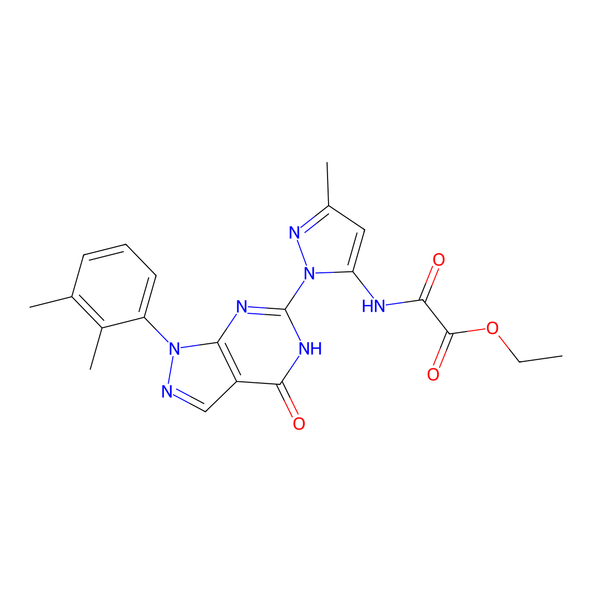 ethyl 2-((1-(1-(2,3-dimethylphenyl)-4-oxo-4,5-dihydro-1H-pyrazolo[3,4-d]pyrimidin-6-yl)-3-methyl-1H-pyrazol-5-yl)amino)-2-oxoacetate molecular structure, CAS 1171520-84-5