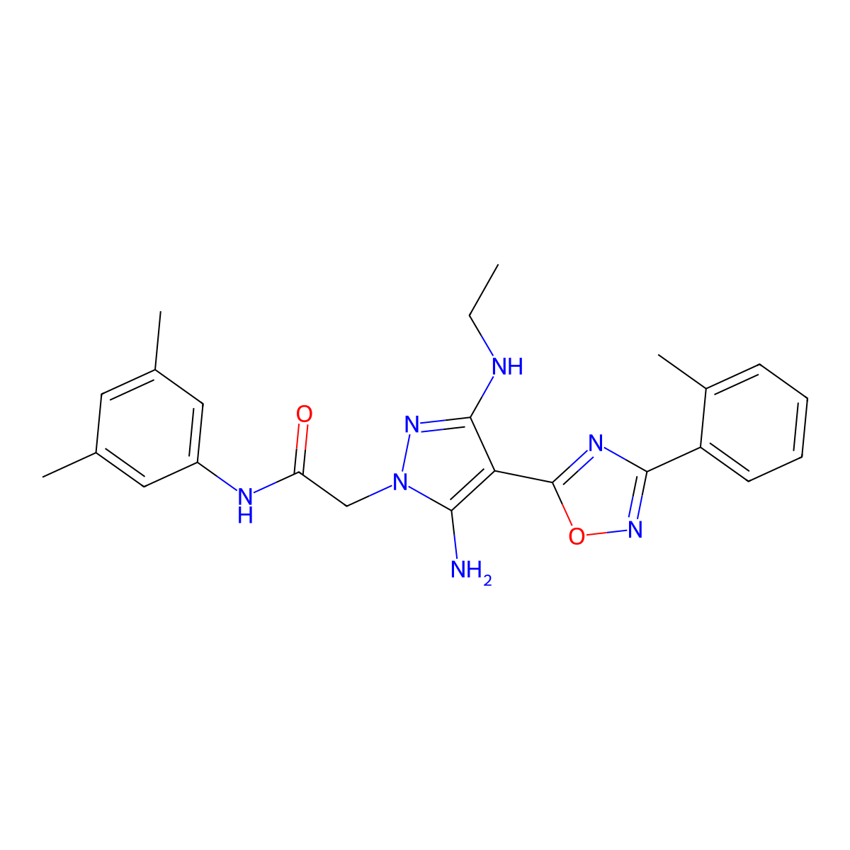 2-(5-amino-3-(ethylamino)-4-(3-(o-tolyl)-1,2,4-oxadiazol-5-yl)-1H-pyrazol-1-yl)-N-(3,5-dimethylphenyl)acetamide molecular structure, CAS 1171522-85-2