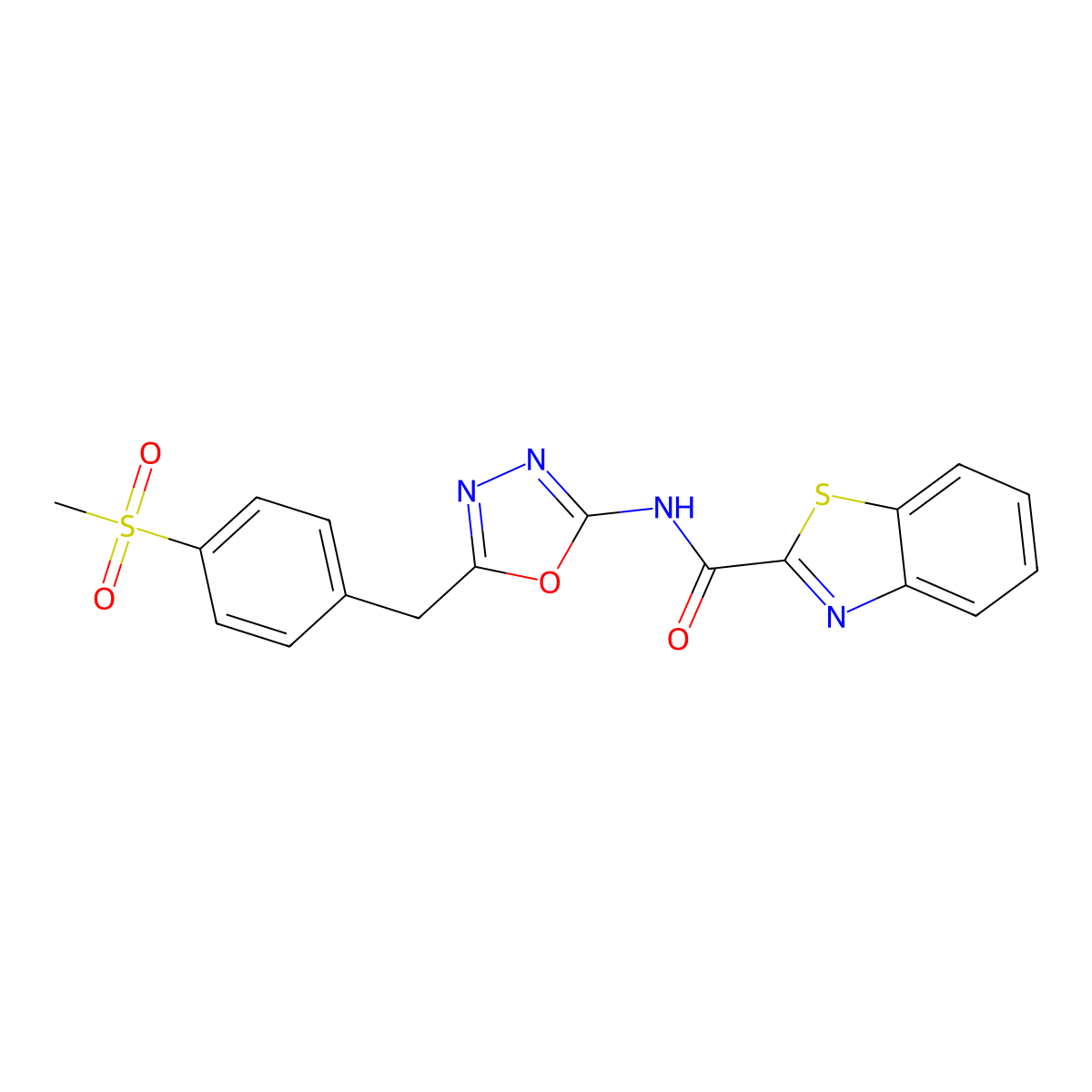 N-(5-(4-(methylsulfonyl)benzyl)-1,3,4-oxadiazol-2-yl)benzo[d]thiazole-2-carboxamide molecular structure, CAS 1171527-52-8