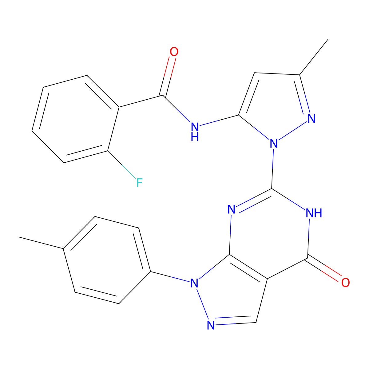 2-fluoro-N-(3-methyl-1-(4-oxo-1-(p-tolyl)-4,5-dihydro-1H-pyrazolo[3,4-d]pyrimidin-6-yl)-1H-pyrazol-5-yl)benzamide molecular structure, CAS 1171529-39-7