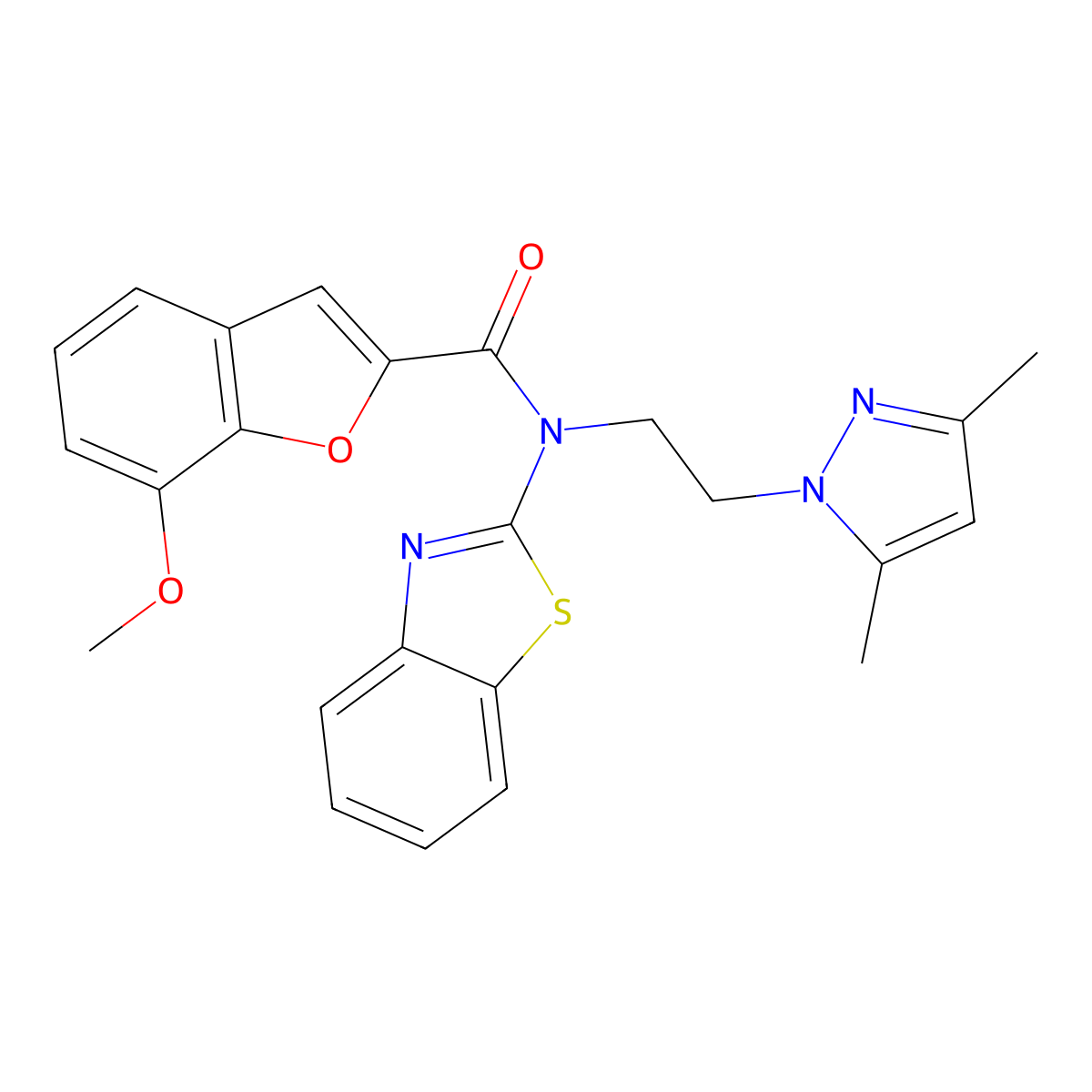 N-(benzo[d]thiazol-2-yl)-N-(2-(3,5-dimethyl-1H-pyrazol-1-yl)ethyl)-7-methoxybenzofuran-2-carboxamide molecular structure, CAS 1171534-20-5