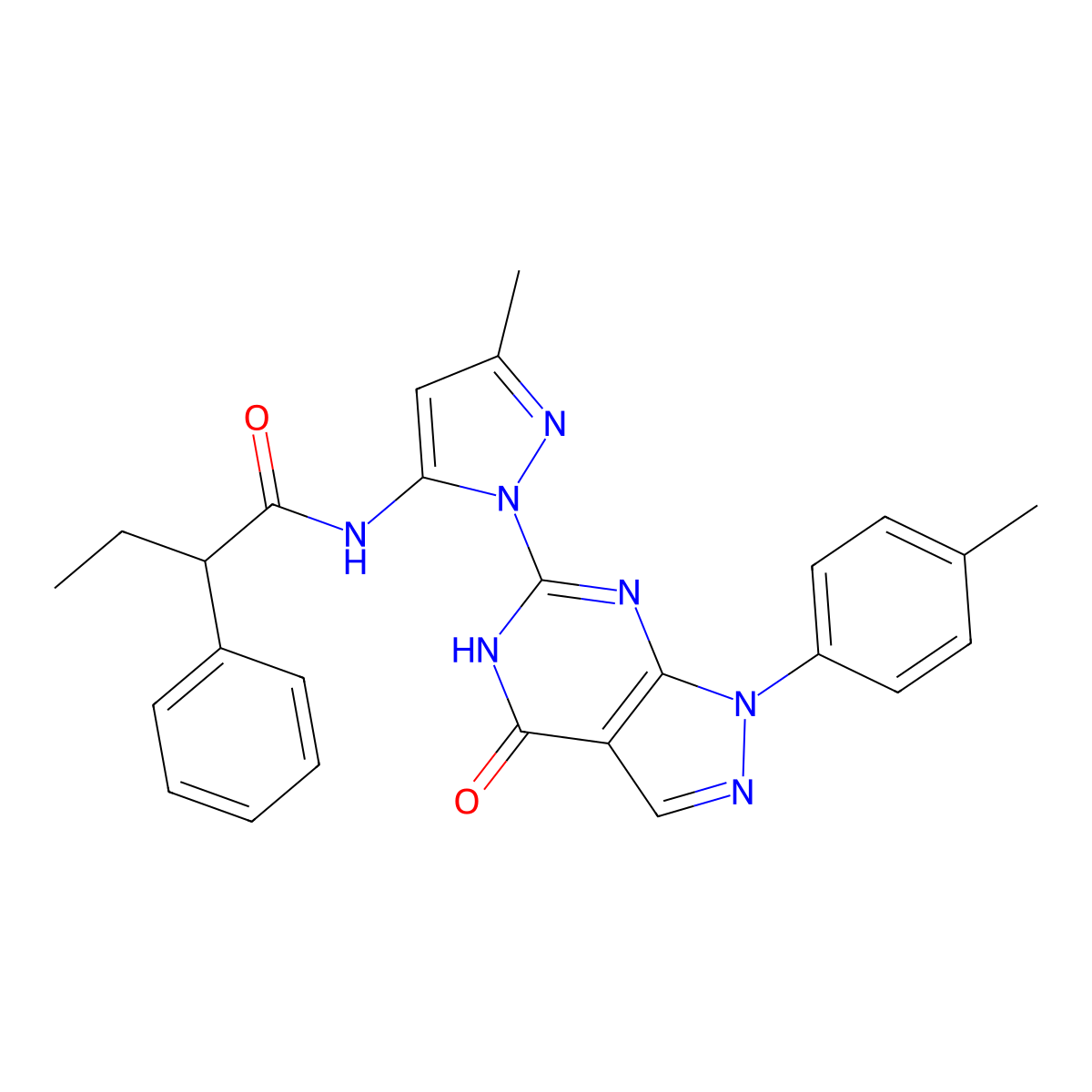 N-(3-methyl-1-(4-oxo-1-(p-tolyl)-4,5-dihydro-1H-pyrazolo[3,4-d]pyrimidin-6-yl)-1H-pyrazol-5-yl)-2-phenylbutanamide molecular structure, CAS 1171537-33-9