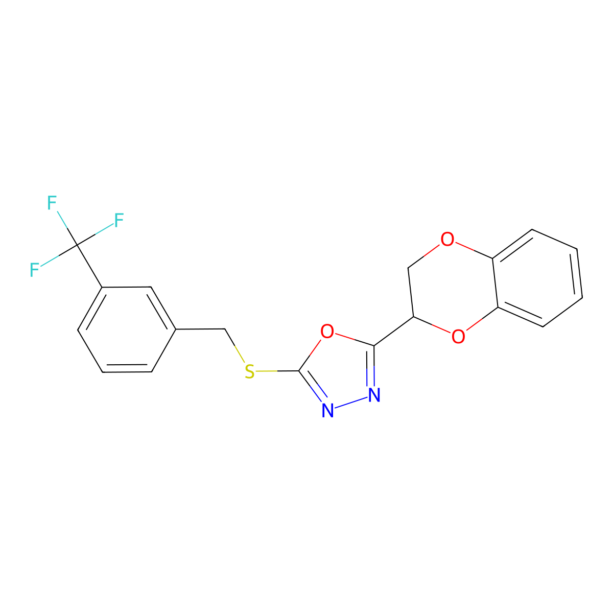 2-(2,3-Dihydrobenzo[b][1,4]dioxin-2-yl)-5-((3-(trifluoromethyl)benzyl)thio)-1,3,4-oxadiazole molecular structure, CAS 1171537-47-5