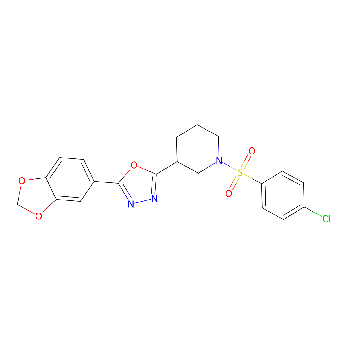 2-(Benzo[d][1,3]dioxol-5-yl)-5-(1-((4-chlorophenyl)sulfonyl)piperidin-3-yl)-1,3,4-oxadiazole molecular structure, CAS 1171542-93-0