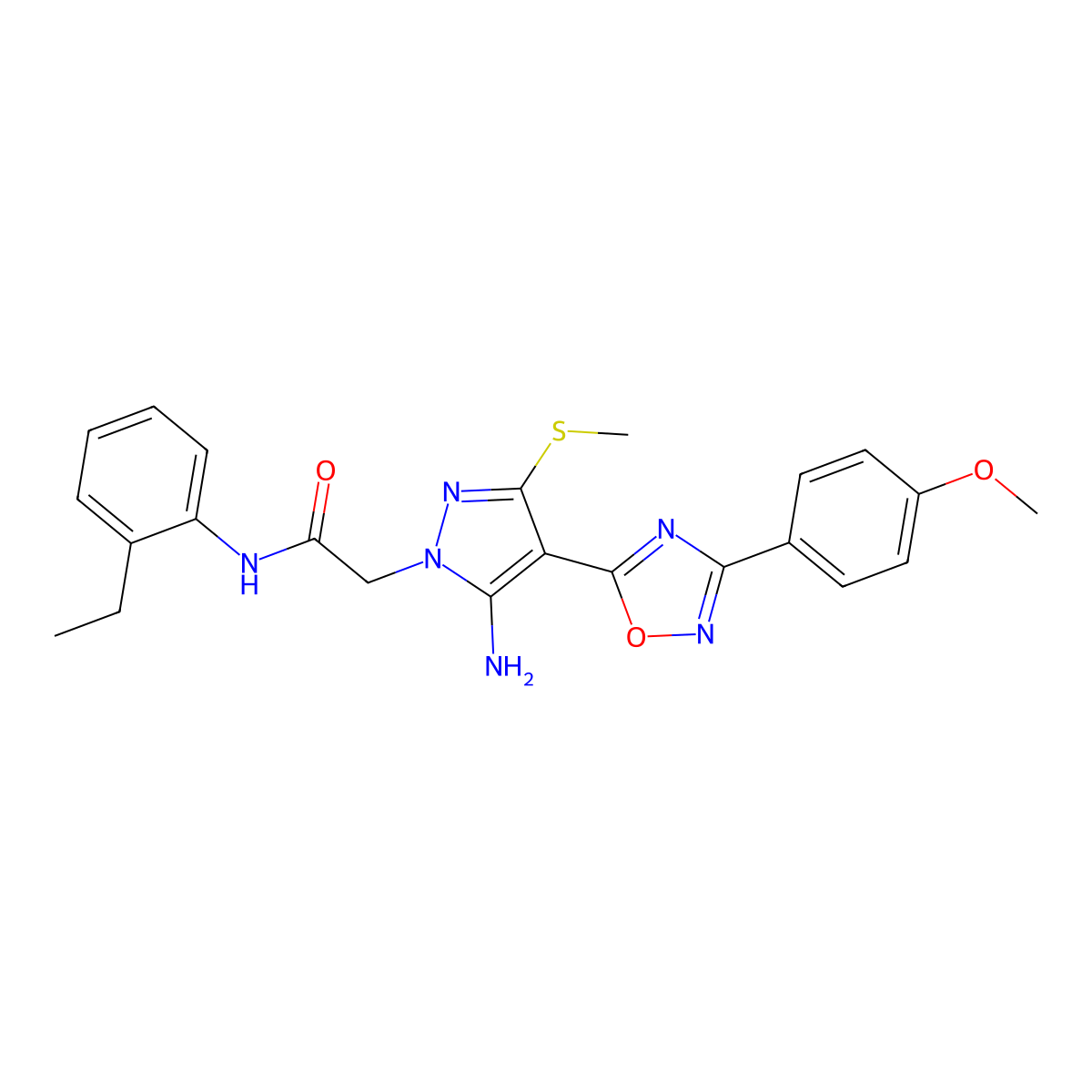 2-{5-amino-4-[3-(4-methoxyphenyl)-1,2,4-oxadiazol-5-yl]-3-(methylsulfanyl)-1H-pyrazol-1-yl}-N-(2-ethylphenyl)acetamide molecular structure, CAS 1171543-42-2
