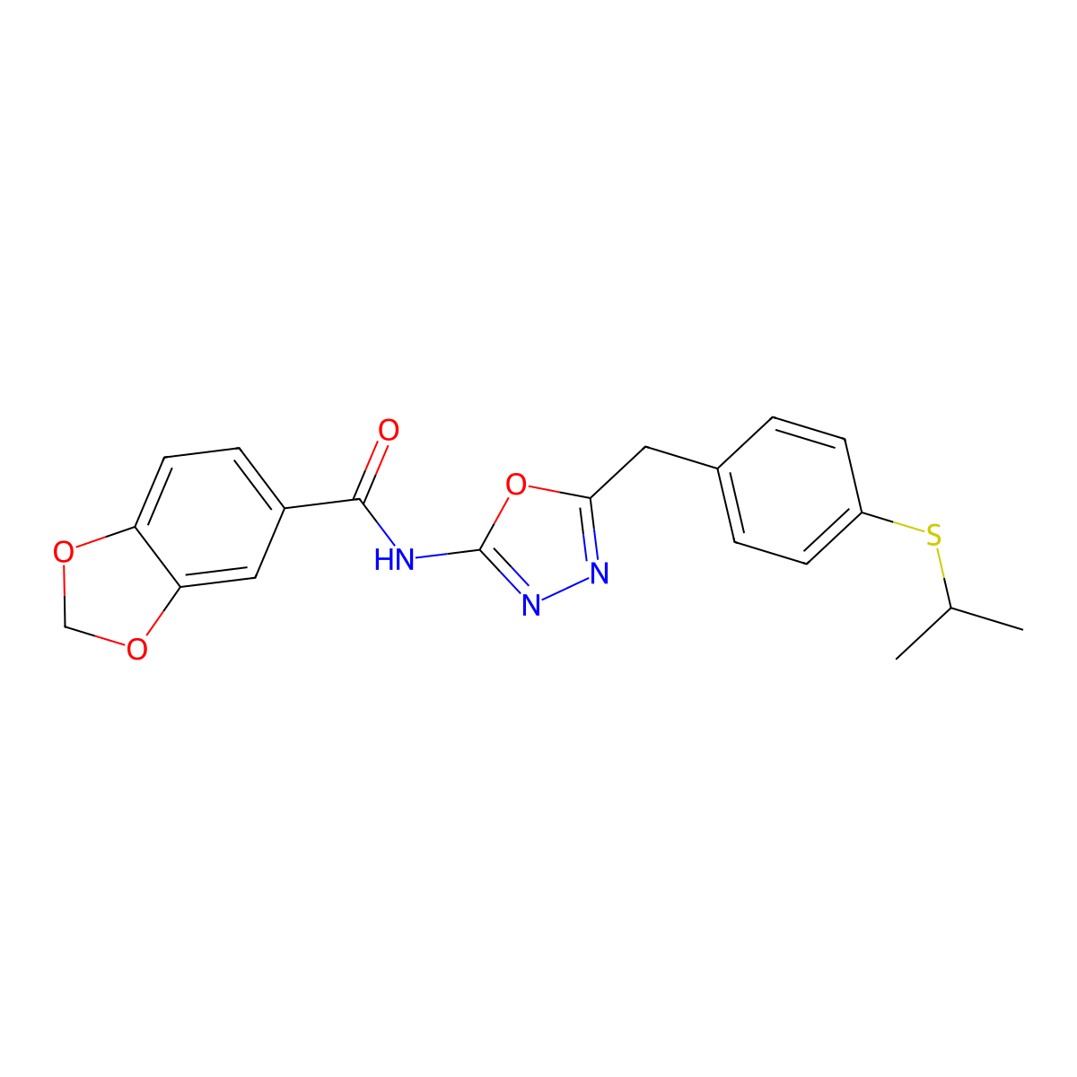 N-(5-(4-(isopropylthio)benzyl)-1,3,4-oxadiazol-2-yl)benzo[d][1,3]dioxole-5-carboxamide molecular structure, CAS 1171544-09-4