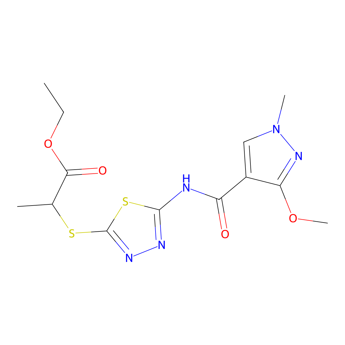 ethyl 2-((5-(3-methoxy-1-methyl-1H-pyrazole-4-carboxamido)-1,3,4-thiadiazol-2-yl)thio)propanoate molecular structure, CAS 1171544-92-5
