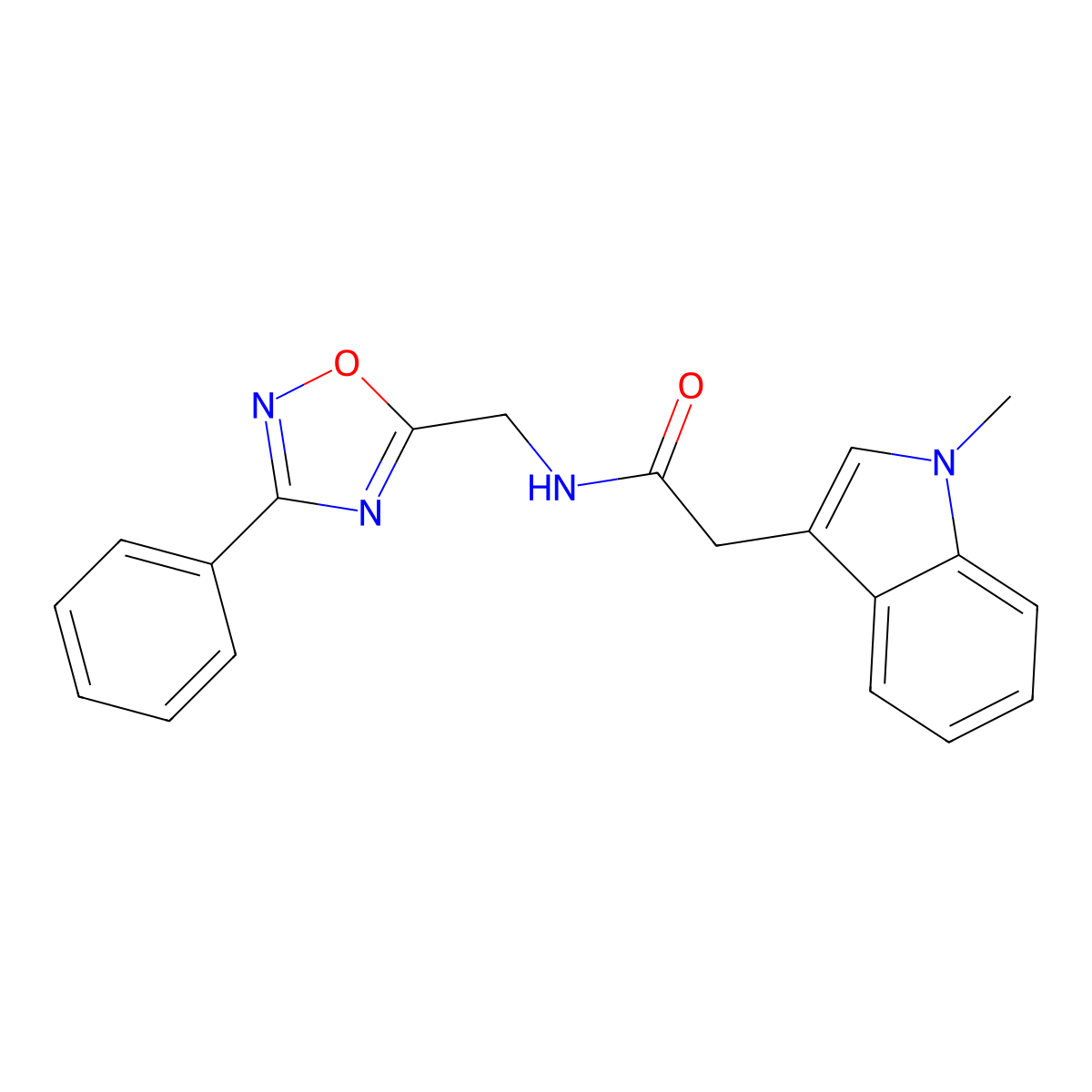 2-(1-methyl-1H-indol-3-yl)-N-((3-phenyl-1,2,4-oxadiazol-5-yl)methyl)acetamide molecular structure, CAS 1171546-89-6