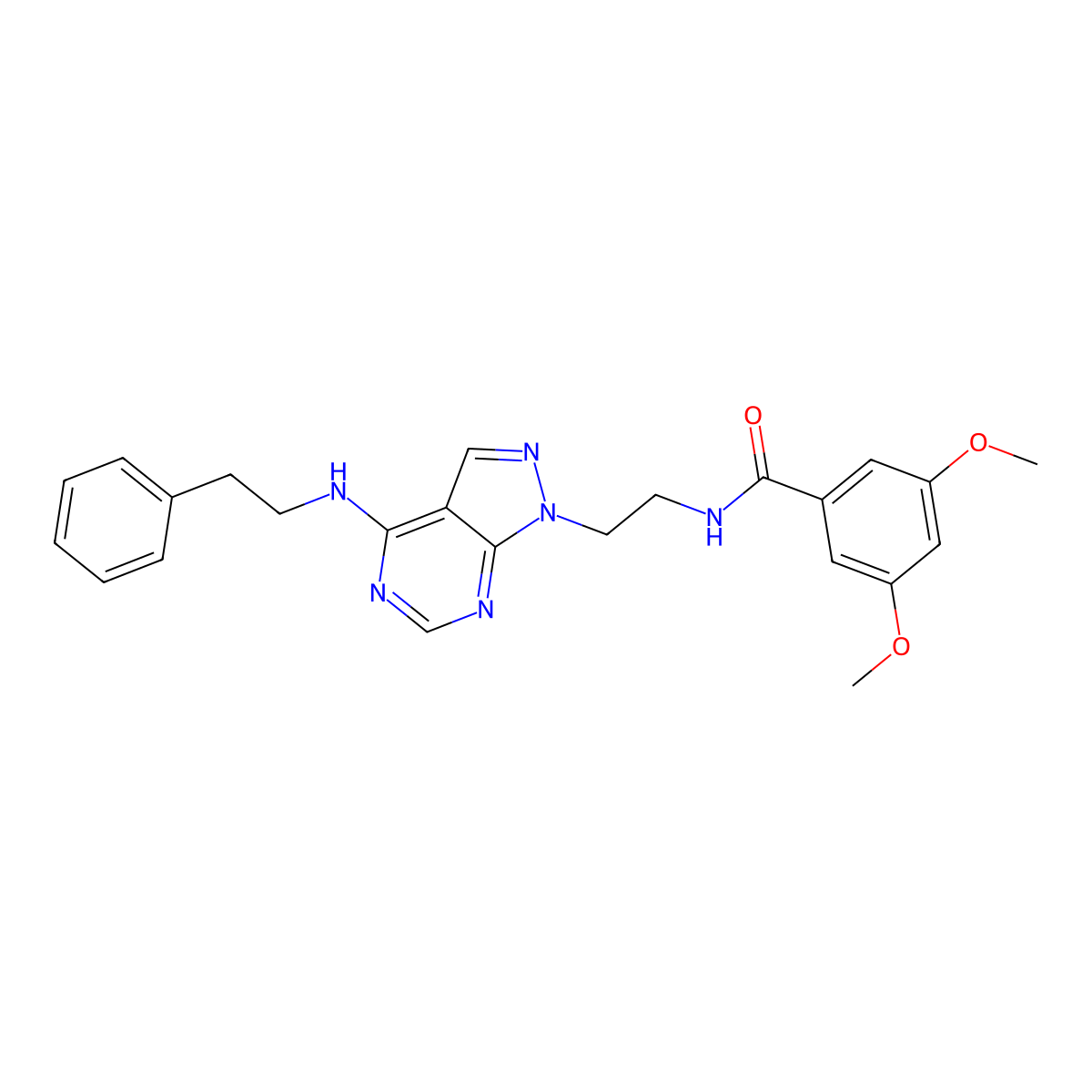 3,5-dimethoxy-N-(2-(4-(phenethylamino)-1H-pyrazolo[3,4-d]pyrimidin-1-yl)ethyl)benzamide molecular structure, CAS 1171549-30-6