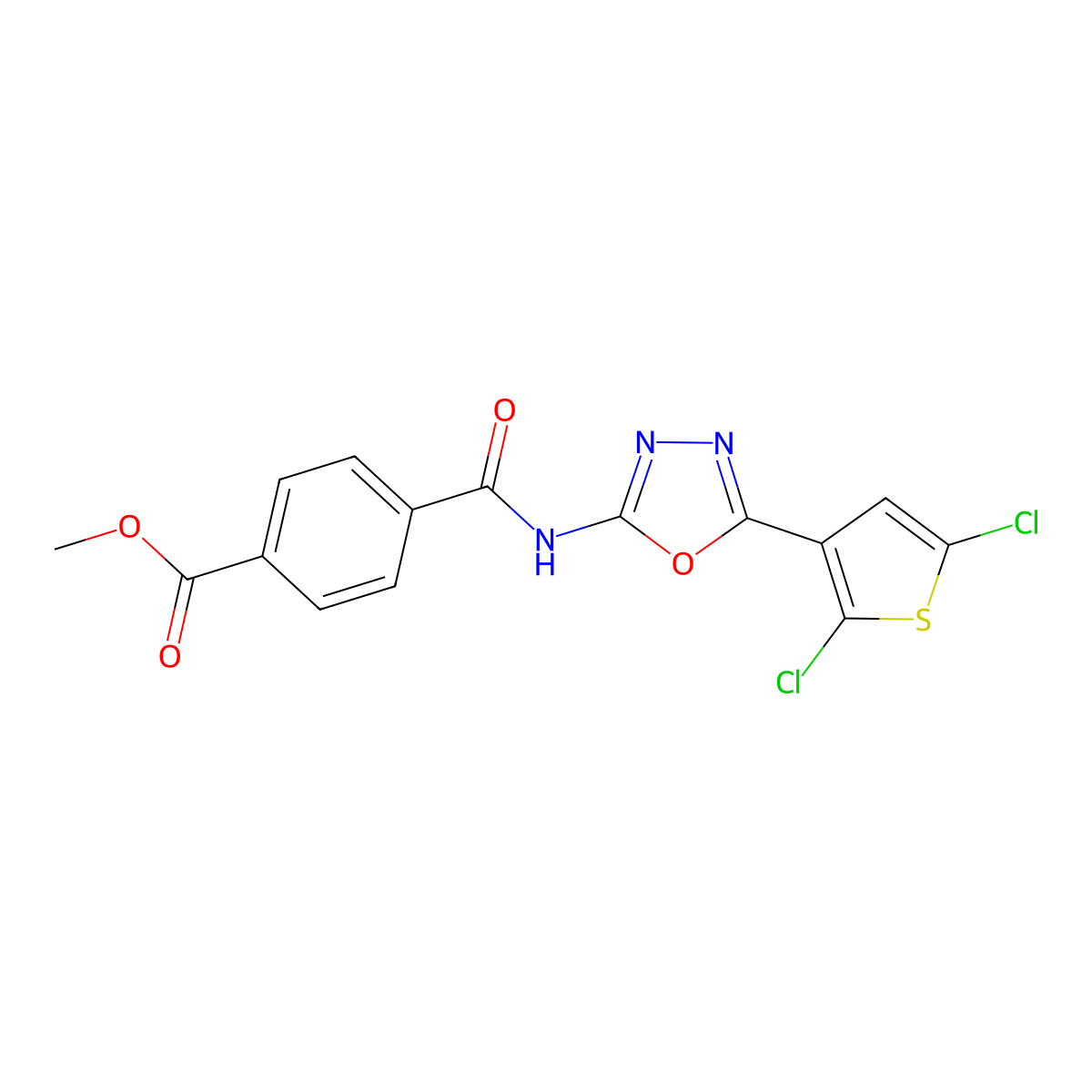 Methyl 4-((5-(2,5-dichlorothiophen-3-yl)-1,3,4-oxadiazol-2-yl)carbamoyl)benzoate molecular structure, CAS 1171554-95-2