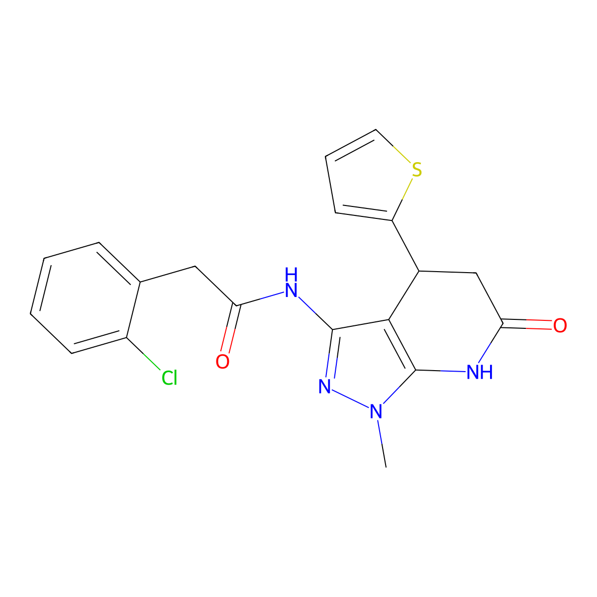2-(2-chlorophenyl)-N-(1-methyl-6-oxo-4-(thiophen-2-yl)-4,5,6,7-tetrahydro-1H-pyrazolo[3,4-b]pyridin-3-yl)acetamide molecular structure, CAS 1171555-08-0