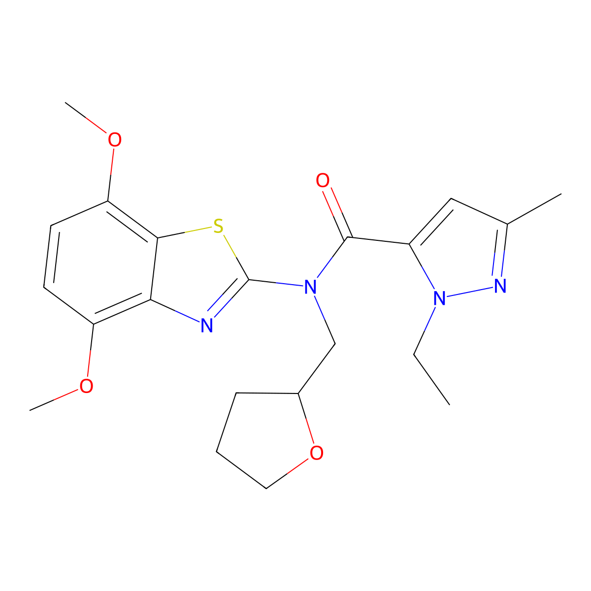 N-(4,7-dimethoxybenzo[d]thiazol-2-yl)-1-ethyl-3-methyl-N-((tetrahydrofuran-2-yl)methyl)-1H-pyrazole-5-carboxamide molecular structure, CAS 1171556-51-6