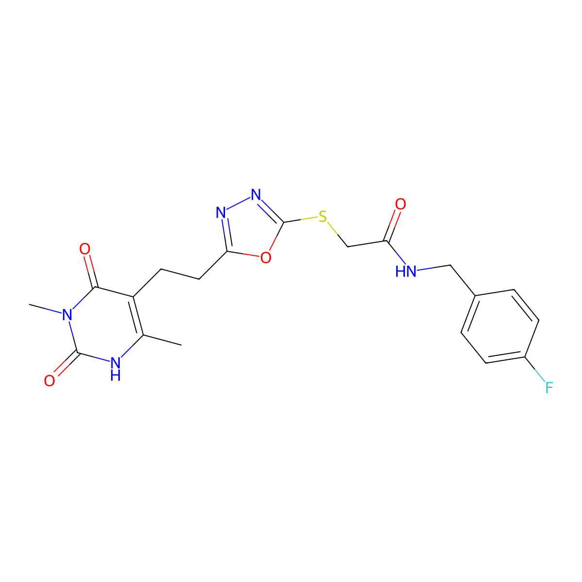 2-((5-(2-(3,6-dimethyl-2,4-dioxo-1,2,3,4-tetrahydropyrimidin-5-yl)ethyl)-1,3,4-oxadiazol-2-yl)thio)-N-(4-fluorobenzyl)acetamide molecular structure, CAS 1171557-19-9