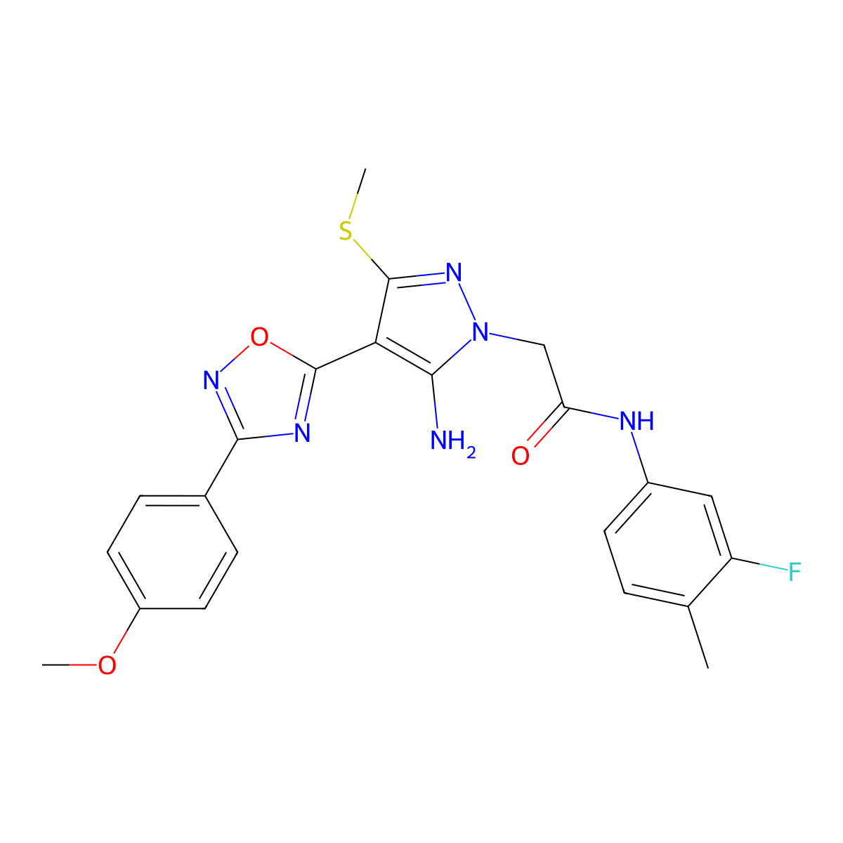 2-{5-amino-4-[3-(4-methoxyphenyl)-1,2,4-oxadiazol-5-yl]-3-(methylsulfanyl)-1H-pyrazol-1-yl}-N-(3-fluoro-4-methylphenyl)acetamide molecular structure, CAS 1171559-91-3
