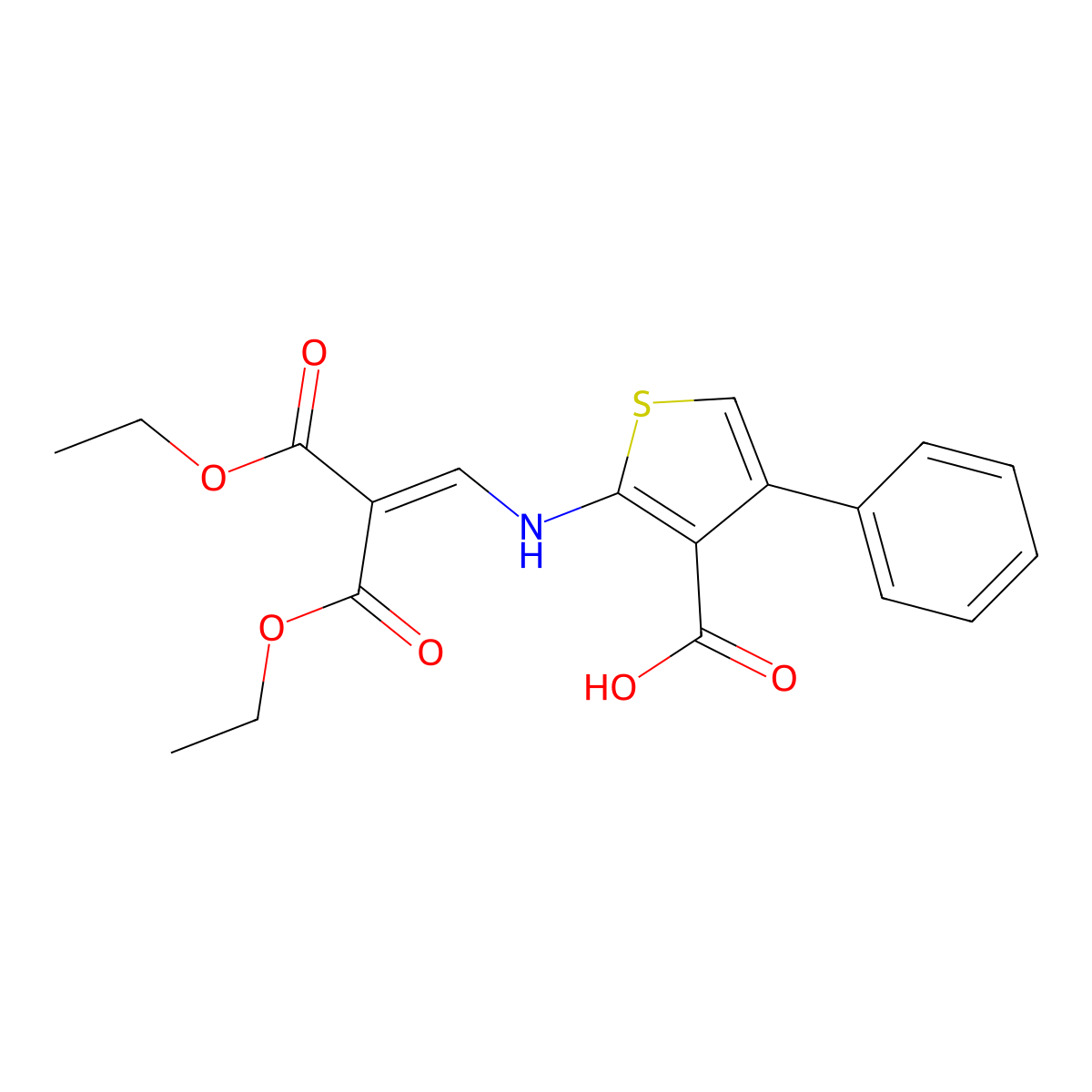 2-{[3-Ethoxy-2-(ethoxycarbonyl)-3-oxoprop-1-en-1-yl]amino}-4-phenylthiophene-3-carboxylic acid molecular structure, CAS 1171562-25-6