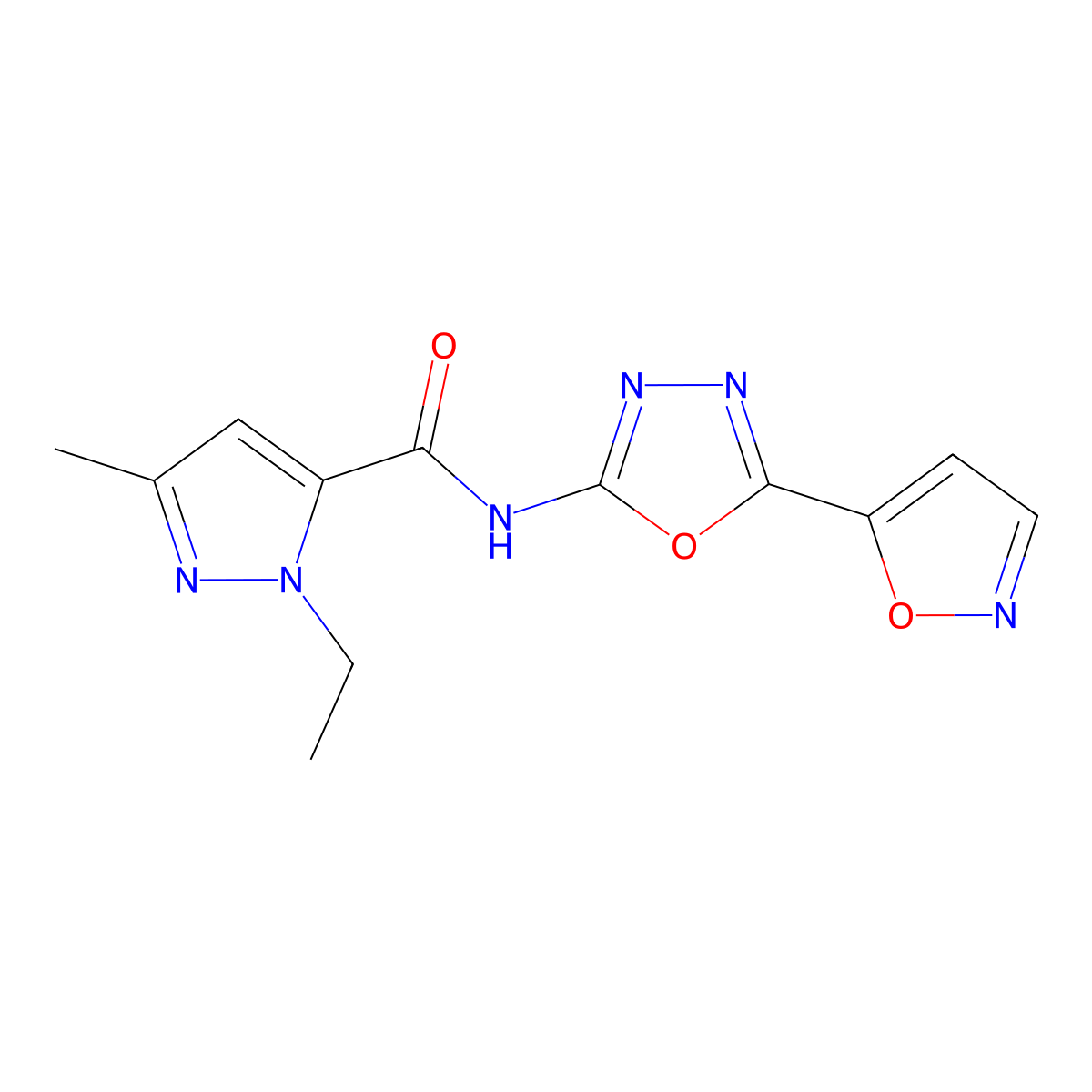 1-ethyl-N-(5-(isoxazol-5-yl)-1,3,4-oxadiazol-2-yl)-3-methyl-1H-pyrazole-5-carboxamide molecular structure, CAS 1171563-02-2