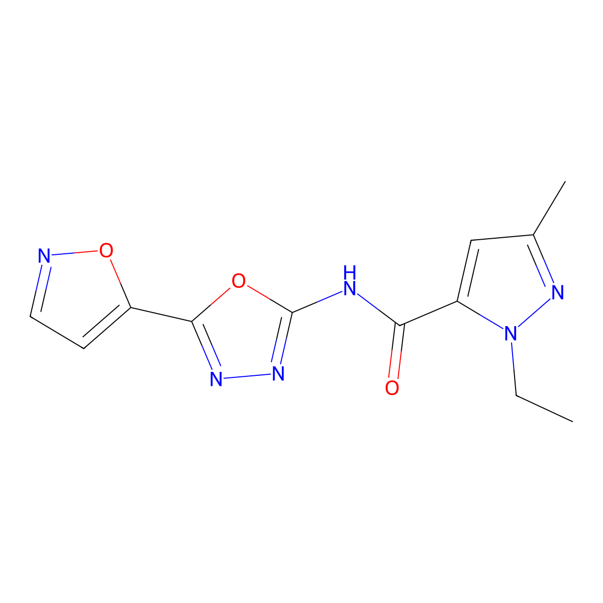 1-ethyl-N-(5-(isoxazol-5-yl)-1,3,4-oxadiazol-2-yl)-3-methyl-1H-pyrazole-5-carboxamide molecular structure, CAS 1171563-02-2