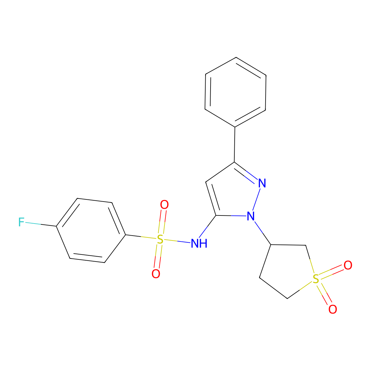 N-(1-(1,1-dioxidotetrahydrothiophen-3-yl)-3-phenyl-1H-pyrazol-5-yl)-4-fluorobenzenesulfonamide molecular structure, CAS 1171564-19-4