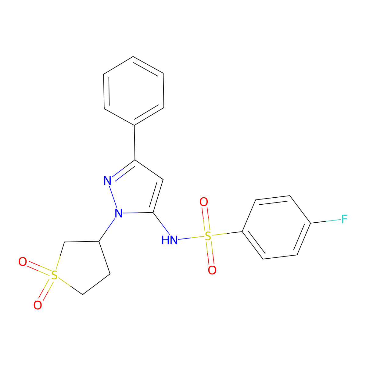 N-(1-(1,1-dioxidotetrahydrothiophen-3-yl)-3-phenyl-1H-pyrazol-5-yl)-4-fluorobenzenesulfonamide molecular structure, CAS 1171564-19-4