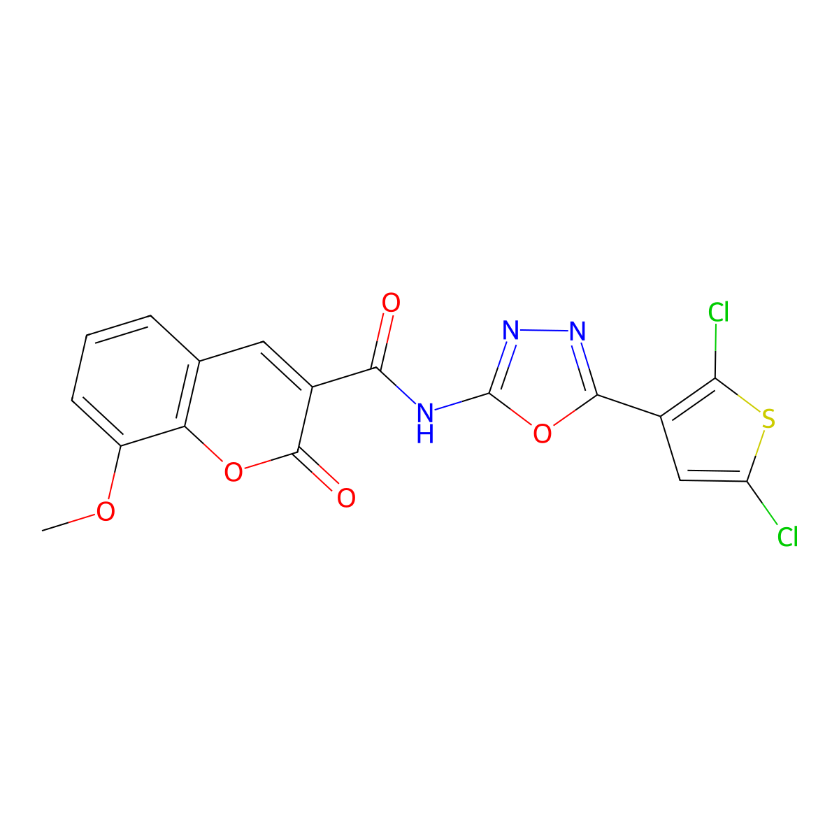N-(5-(2,5-dichlorothiophen-3-yl)-1,3,4-oxadiazol-2-yl)-8-methoxy-2-oxo-2H-chromene-3-carboxamide molecular structure, CAS 1171565-36-8