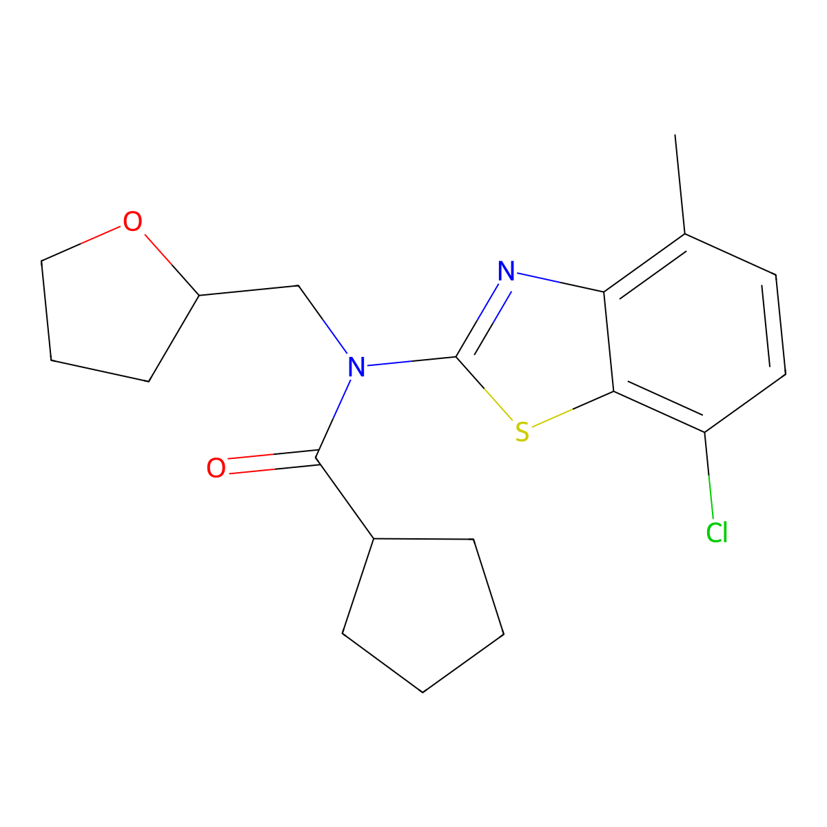 N-(7-chloro-4-methylbenzo[d]thiazol-2-yl)-N-((tetrahydrofuran-2-yl)methyl)cyclopentanecarboxamide molecular structure, CAS 1171565-42-6
