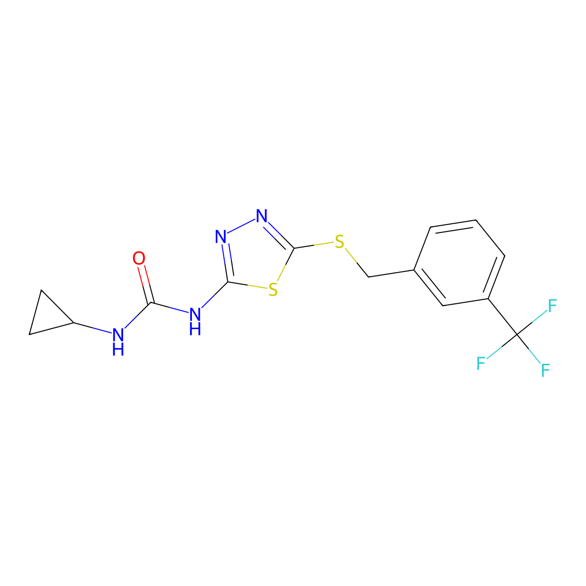 1-Cyclopropyl-3-(5-((3-(trifluoromethyl)benzyl)thio)-1,3,4-thiadiazol-2-yl)urea molecular structure, CAS 1171565-57-3