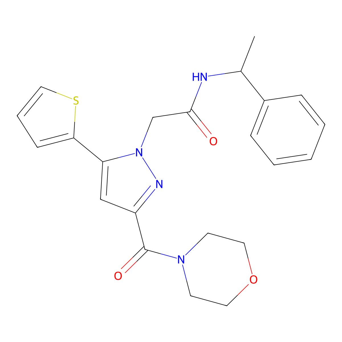 2-(3-(morpholine-4-carbonyl)-5-(thiophen-2-yl)-1H-pyrazol-1-yl)-N-(1-phenylethyl)acetamide molecular structure, CAS 1171565-92-6