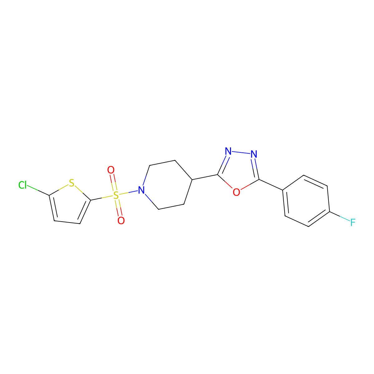 2-(1-((5-Chlorothiophen-2-yl)sulfonyl)piperidin-4-yl)-5-(4-fluorophenyl)-1,3,4-oxadiazole molecular structure, CAS 1171566-17-8