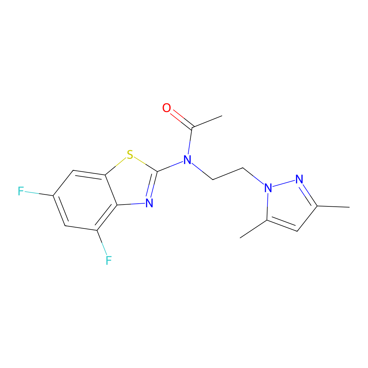 N-(4,6-difluoro-1,3-benzothiazol-2-yl)-N-[2-(3,5-dimethyl-1H-pyrazol-1-yl)ethyl]acetamide molecular structure, CAS 1171566-20-3