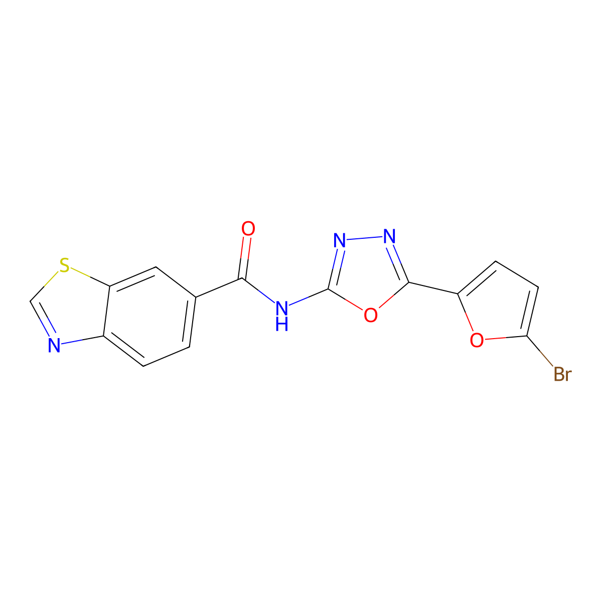 N-(5-(5-bromofuran-2-yl)-1,3,4-oxadiazol-2-yl)benzo[d]thiazole-6-carboxamide molecular structure, CAS 1171567-06-8