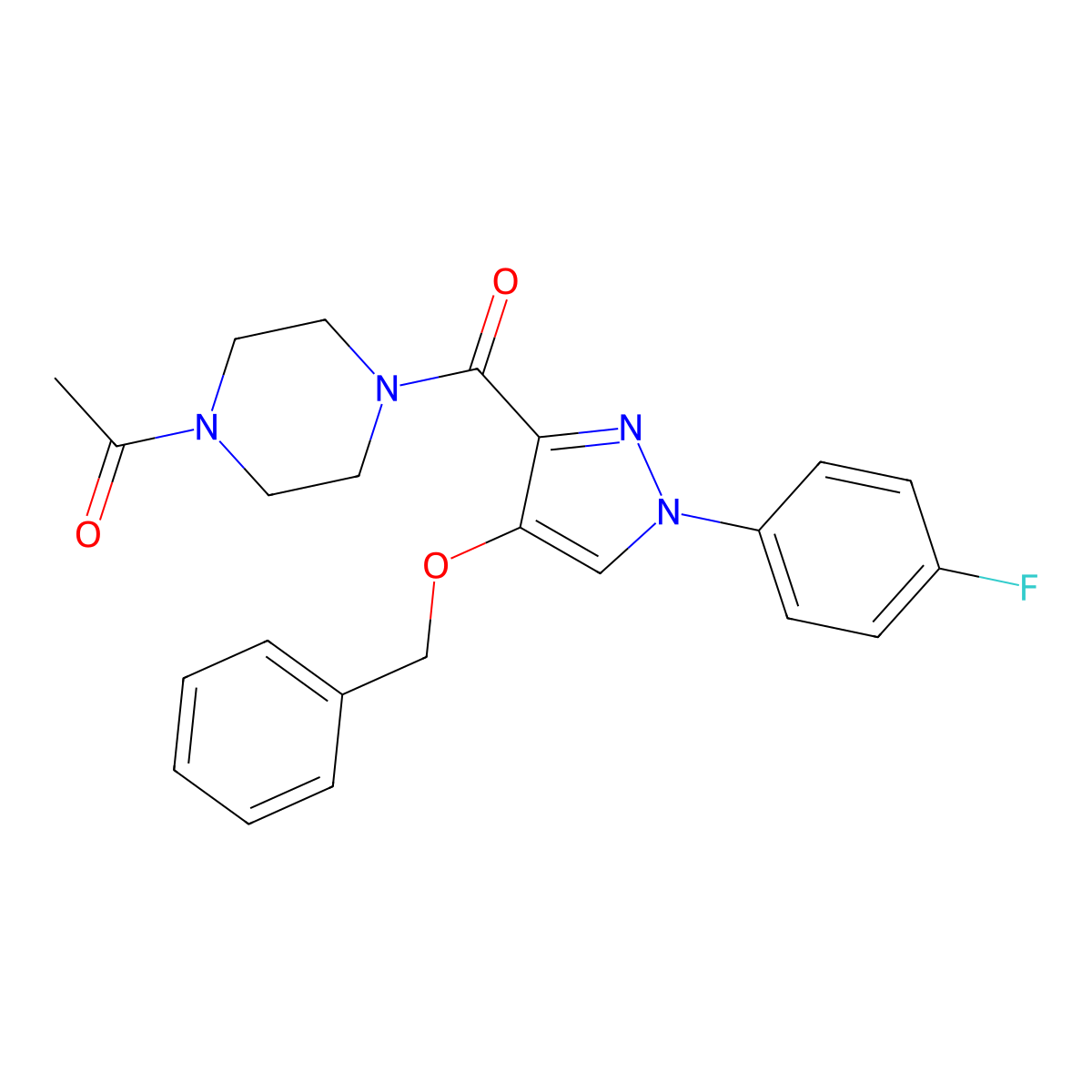 1-(4-(4-(benzyloxy)-1-(4-fluorophenyl)-1H-pyrazole-3-carbonyl)piperazin-1-yl)ethanone molecular structure, CAS 1171569-79-1
