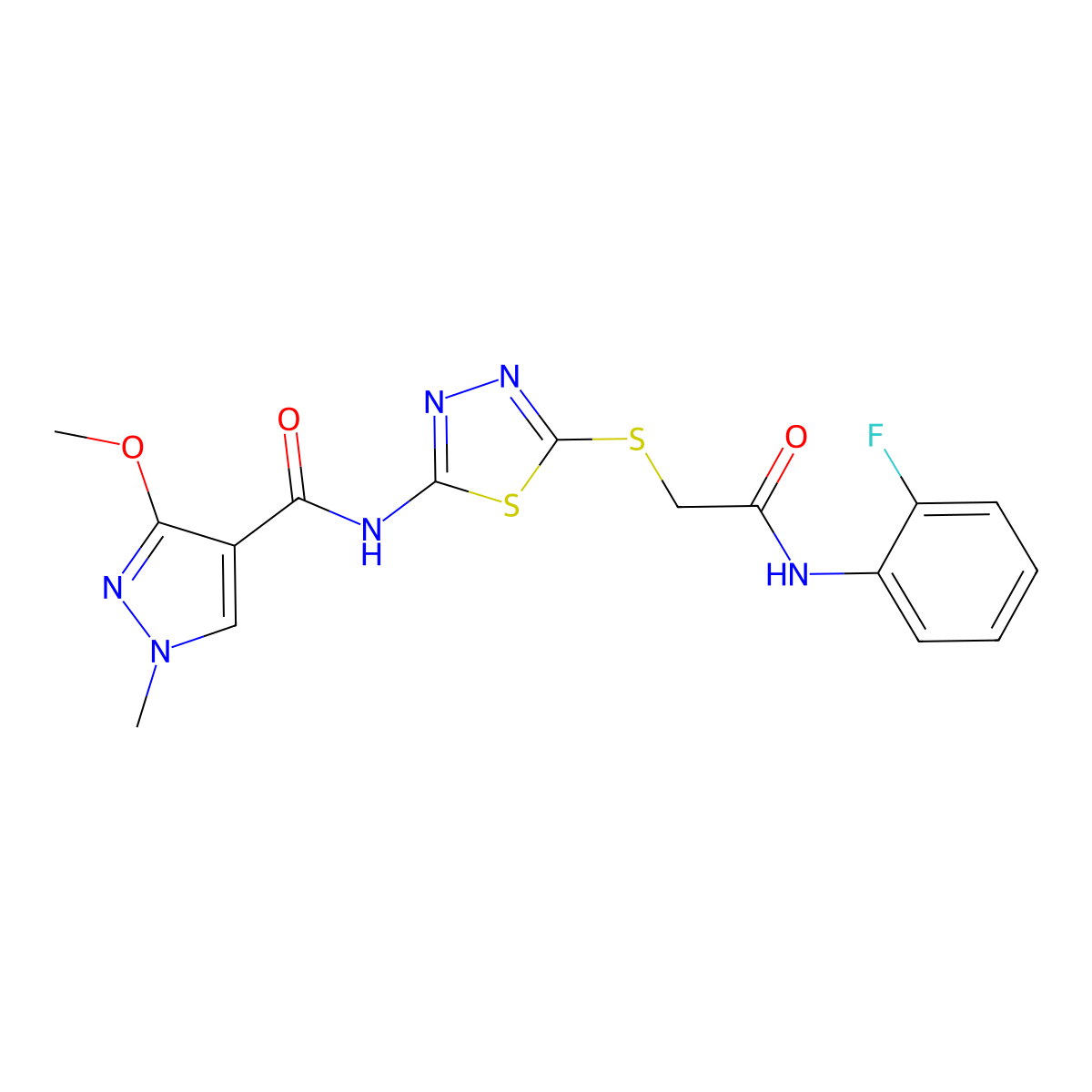 N-(5-((2-((2-fluorophenyl)amino)-2-oxoethyl)thio)-1,3,4-thiadiazol-2-yl)-3-methoxy-1-methyl-1H-pyrazole-4-carboxamide molecular structure, CAS 1171571-13-3