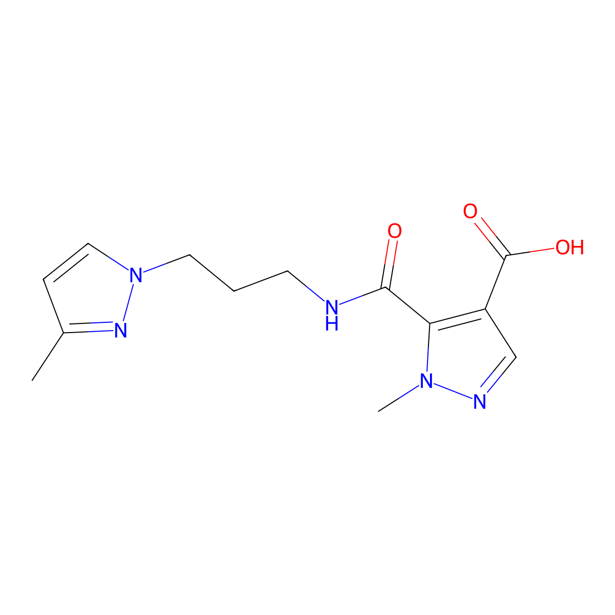 1-methyl-5-((3-(3-methyl-1H-pyrazol-1-yl)propyl)carbamoyl)-1H-pyrazole-4-carboxylic acid molecular structure, CAS 1171572-26-1