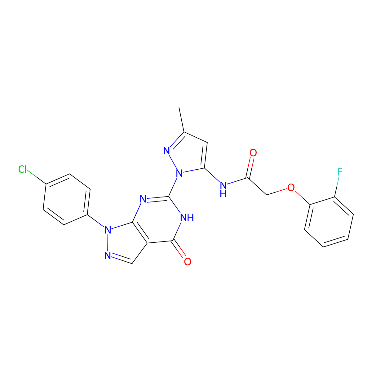 N-(1-(1-(4-chlorophenyl)-4-oxo-4,5-dihydro-1H-pyrazolo[3,4-d]pyrimidin-6-yl)-3-methyl-1H-pyrazol-5-yl)-2-(2-fluorophenoxy)acetamide molecular structure, CAS 1171573-45-7